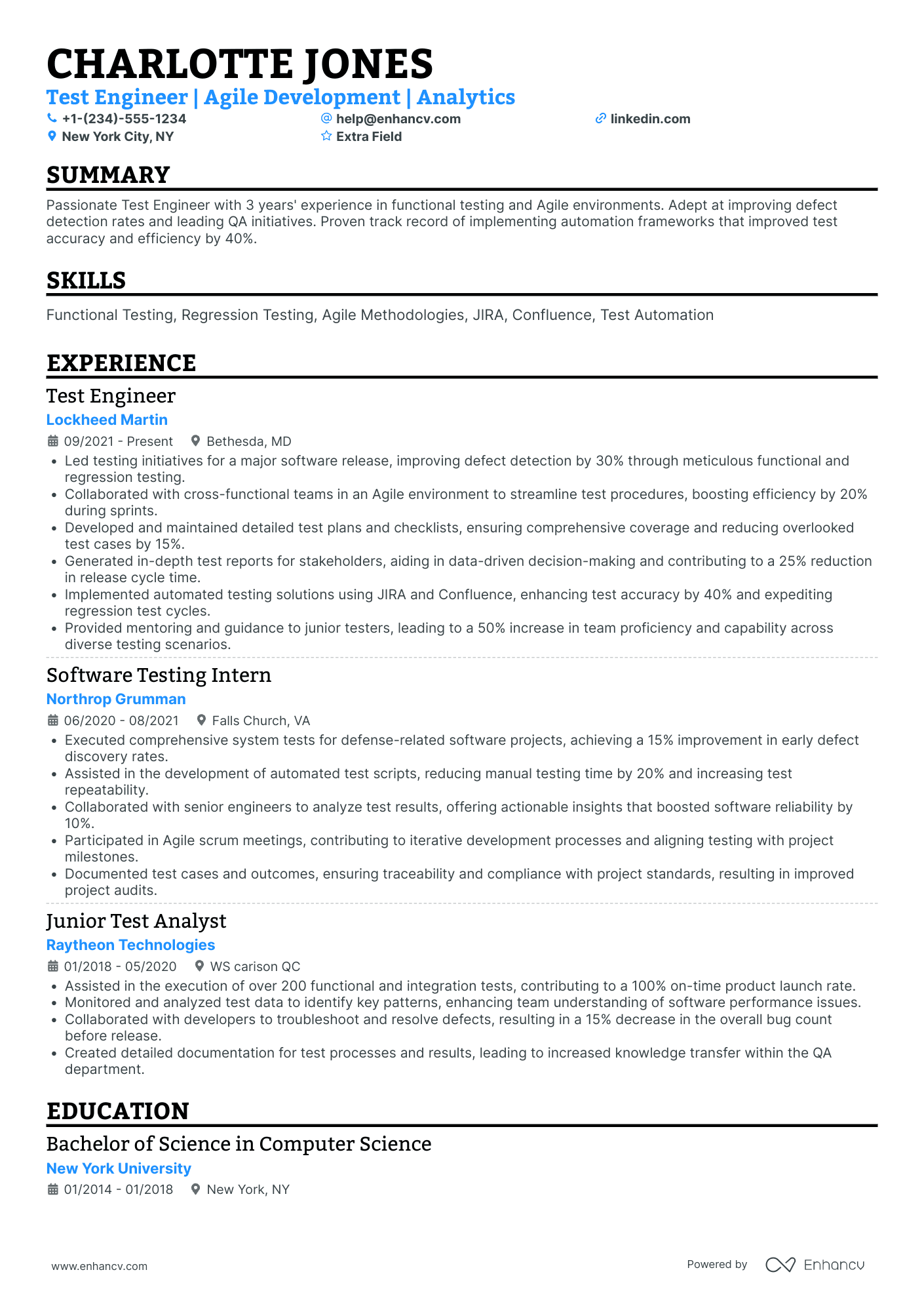 Junior Test Engineer Resume Example