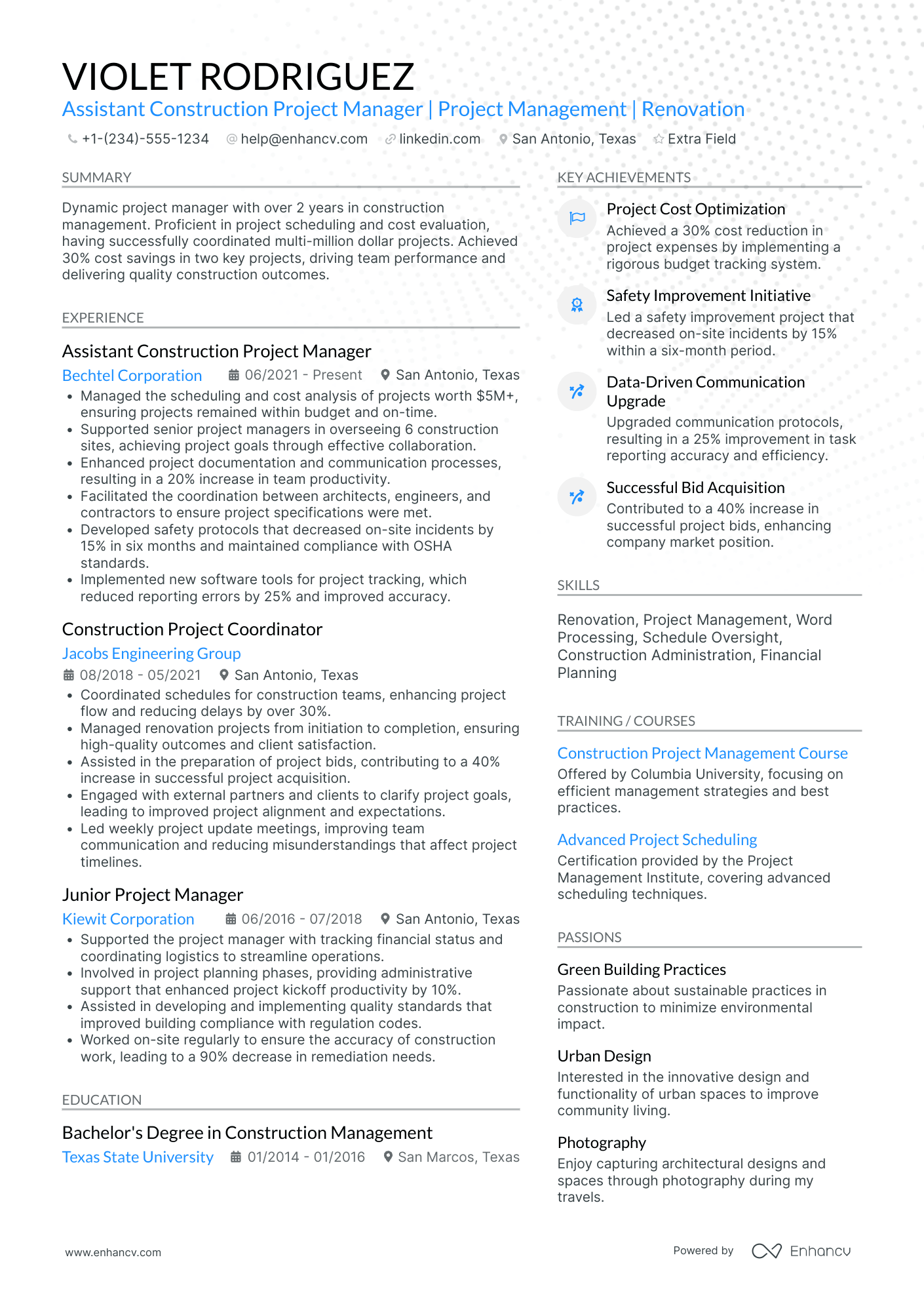 Assistant Construction Project Manager Resume Example