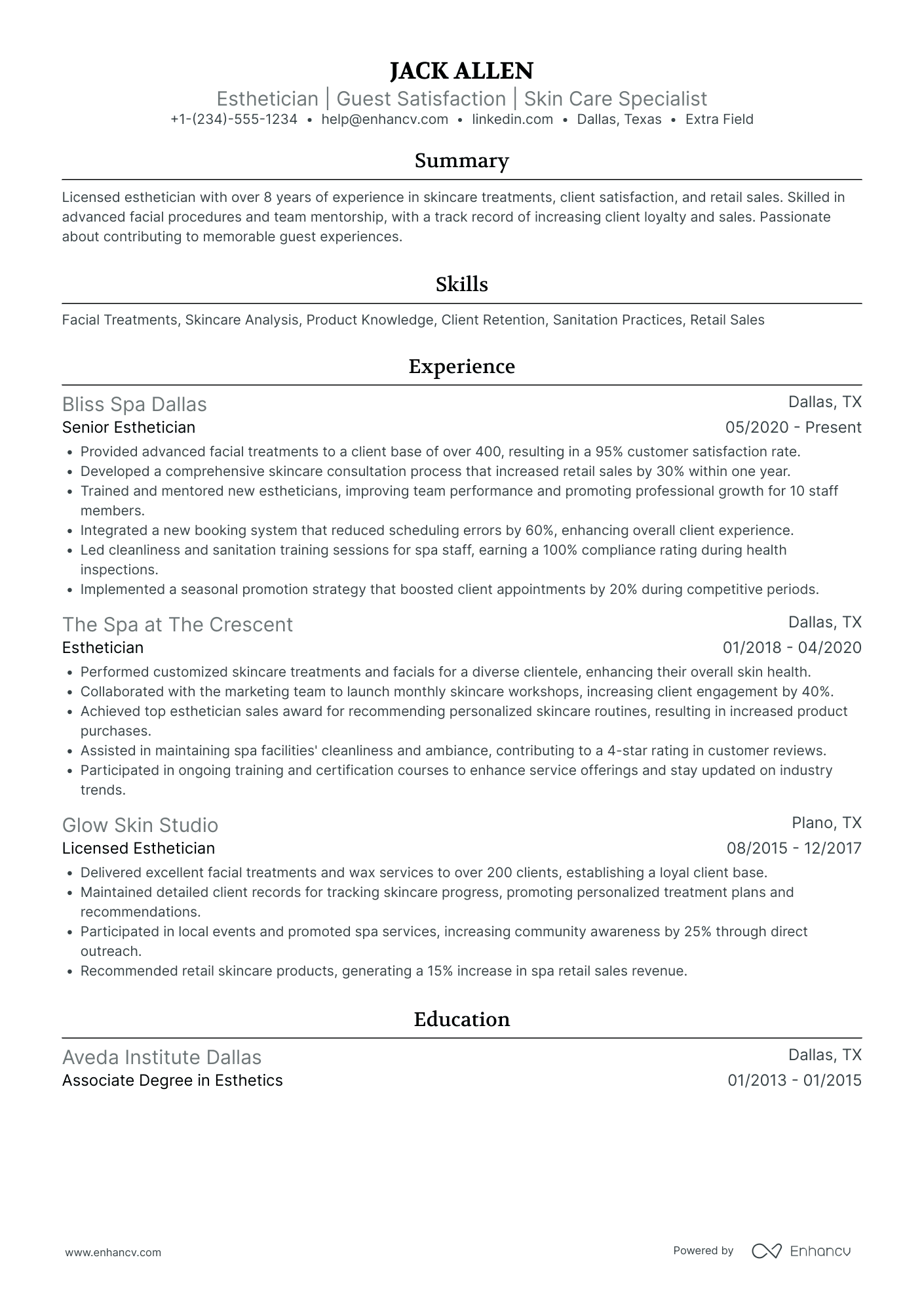 Esthetician Supervisor Resume Example