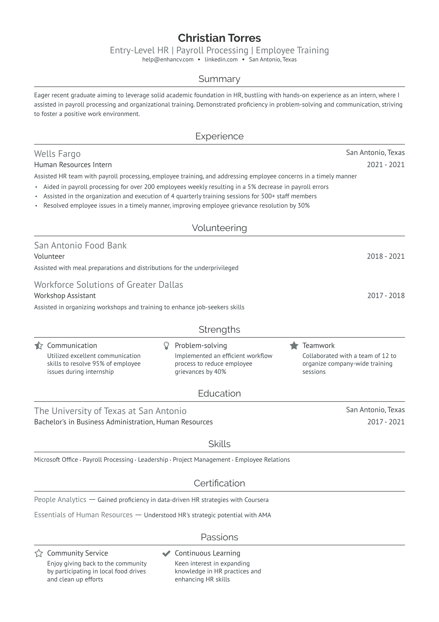 Entry Level Human Resources Resume Example