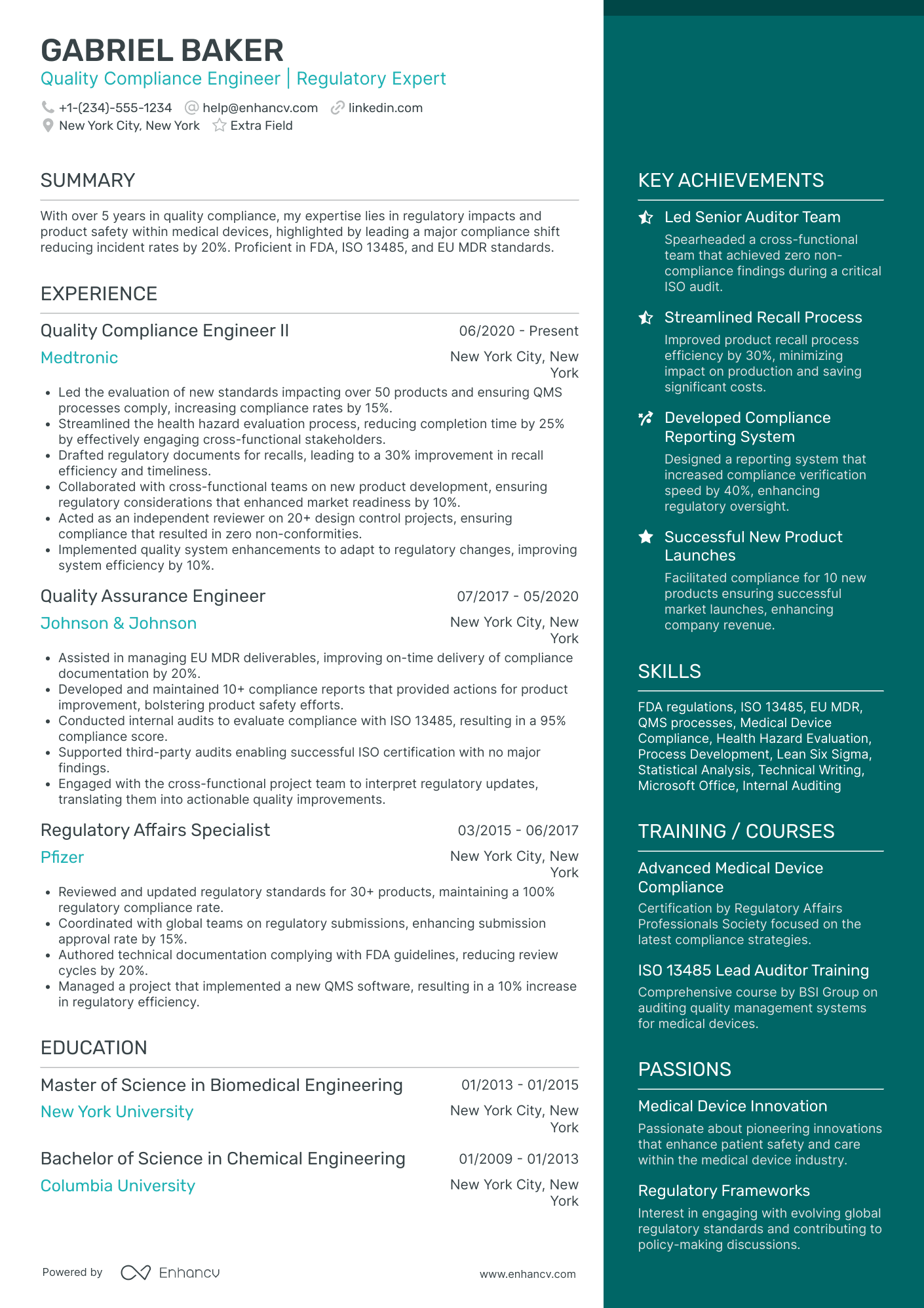 Quality Compliance Engineer Resume Example