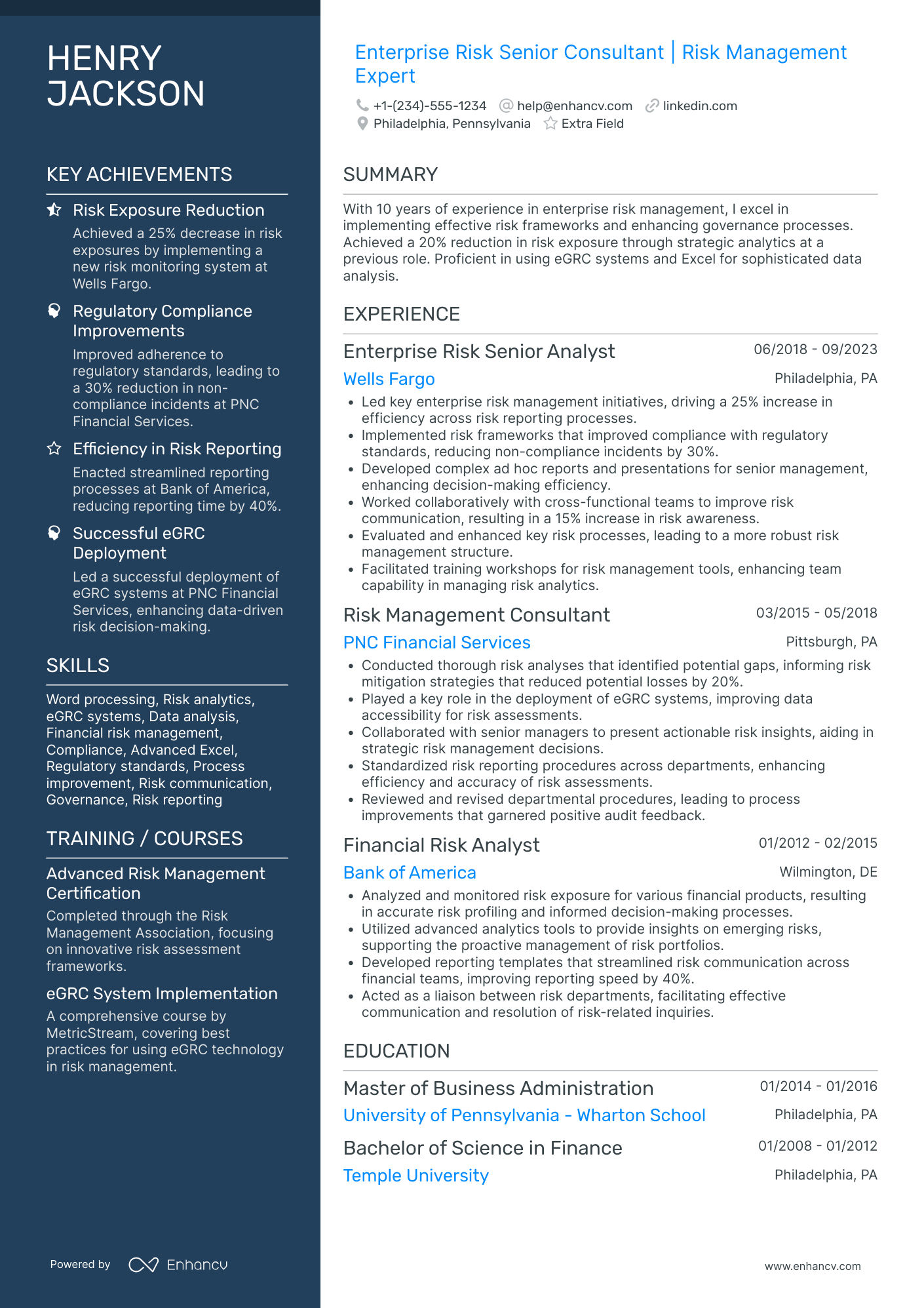 Enterprise Risk Actuary Resume Example