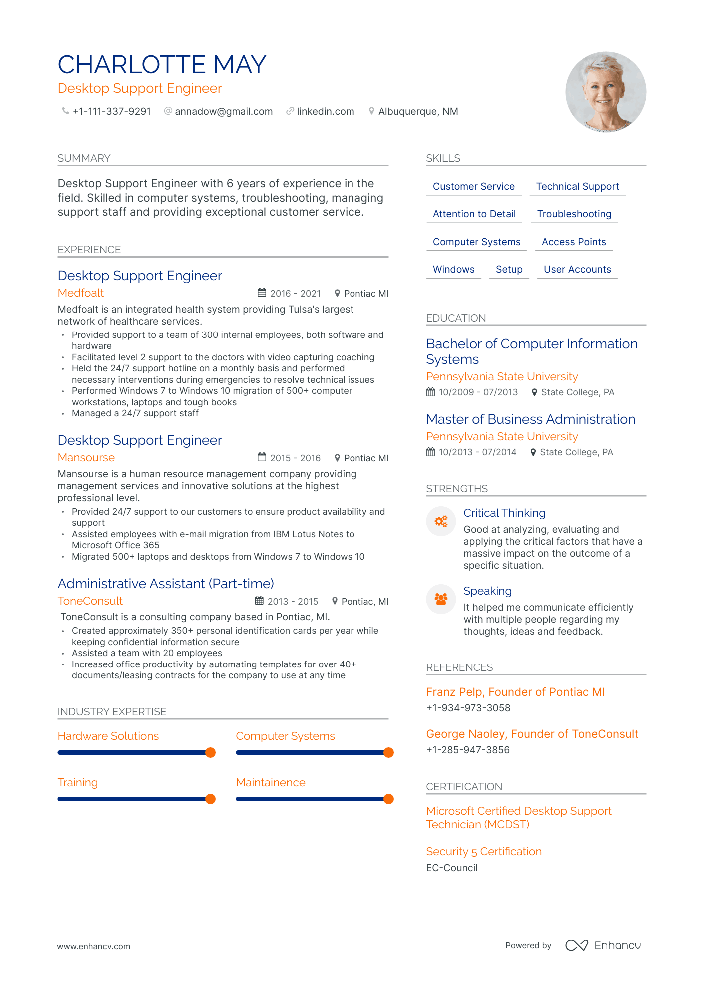 Desktop Support Resume Example