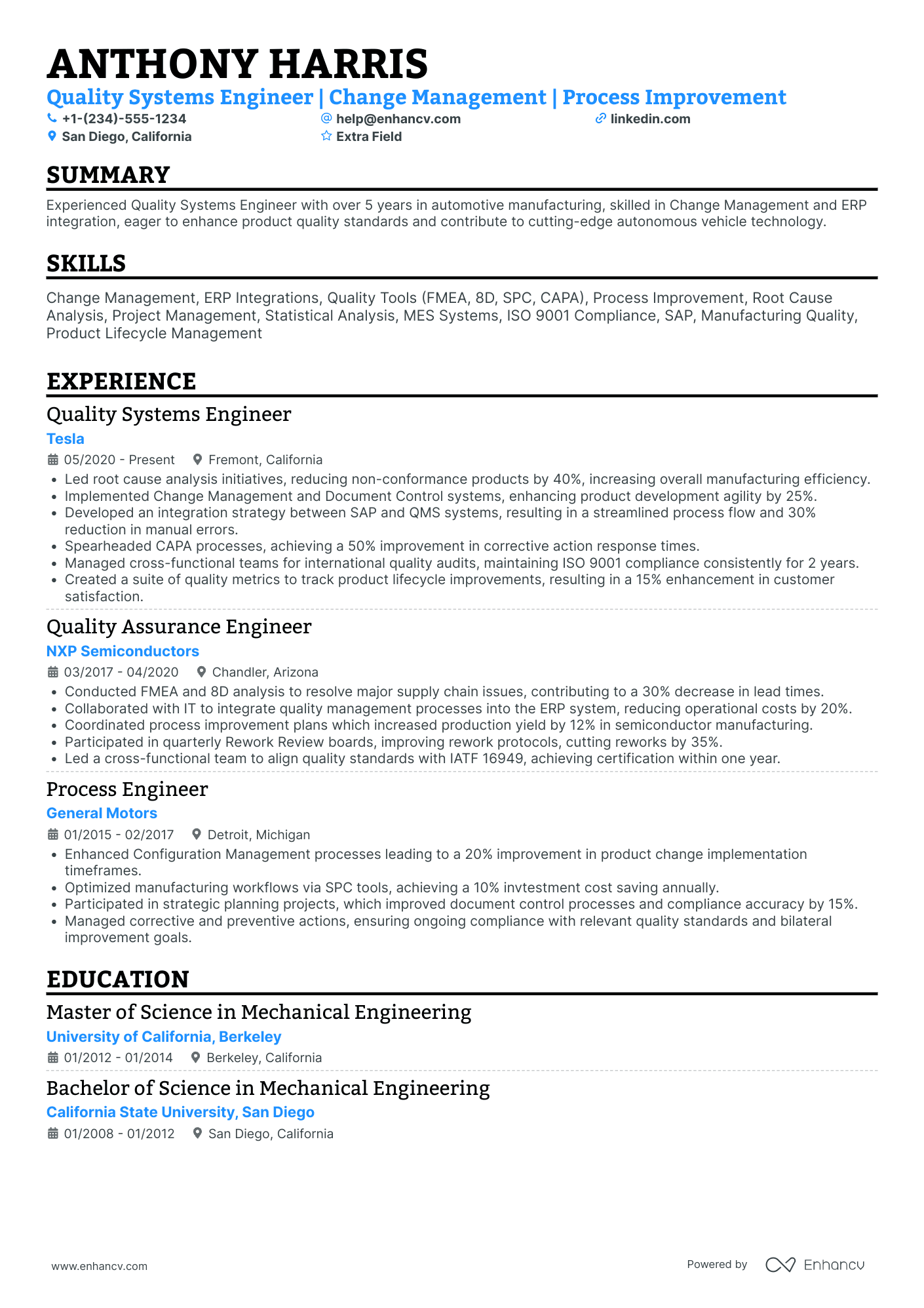 Quality Systems Engineer Resume Example