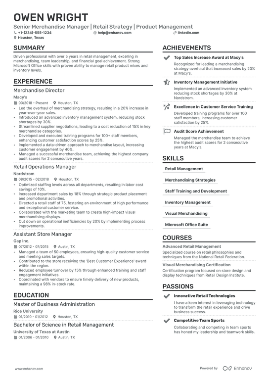 Merchandise Manager Resume Example