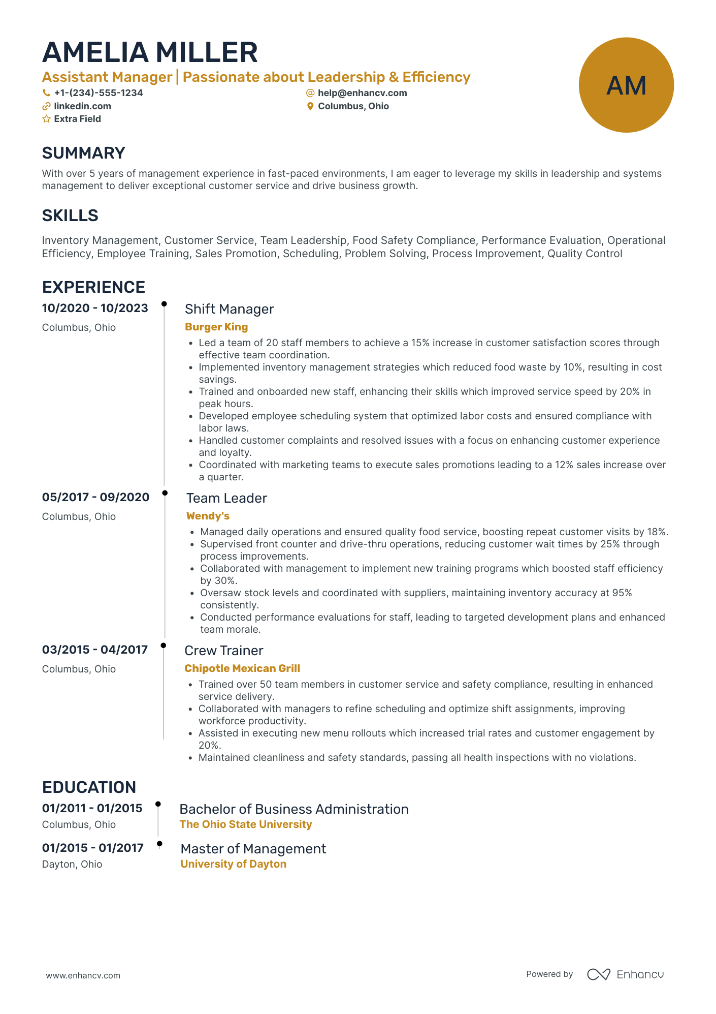 McDonalds Assistant Manager Resume Example