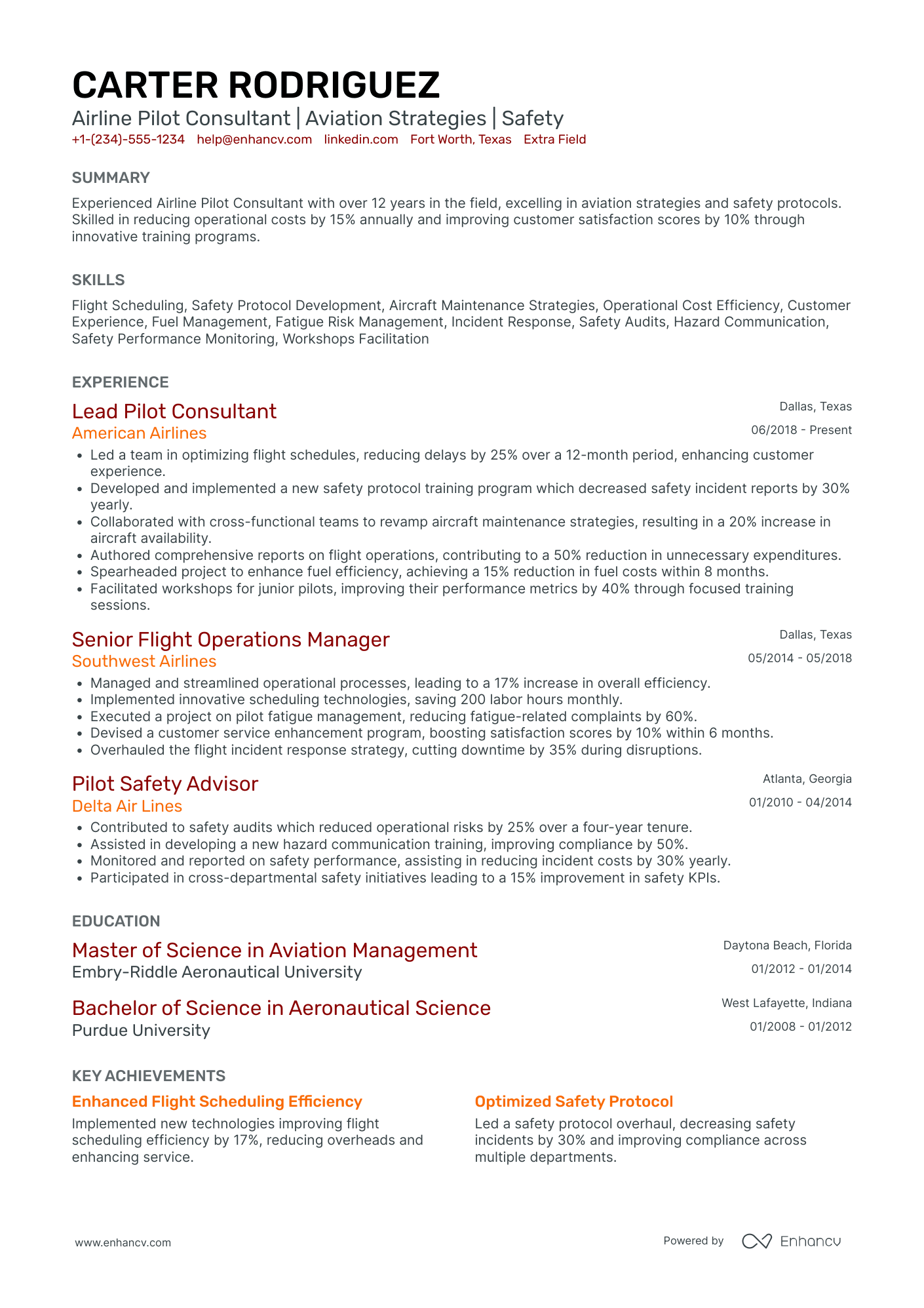 Airline Pilot Consultant Resume Example