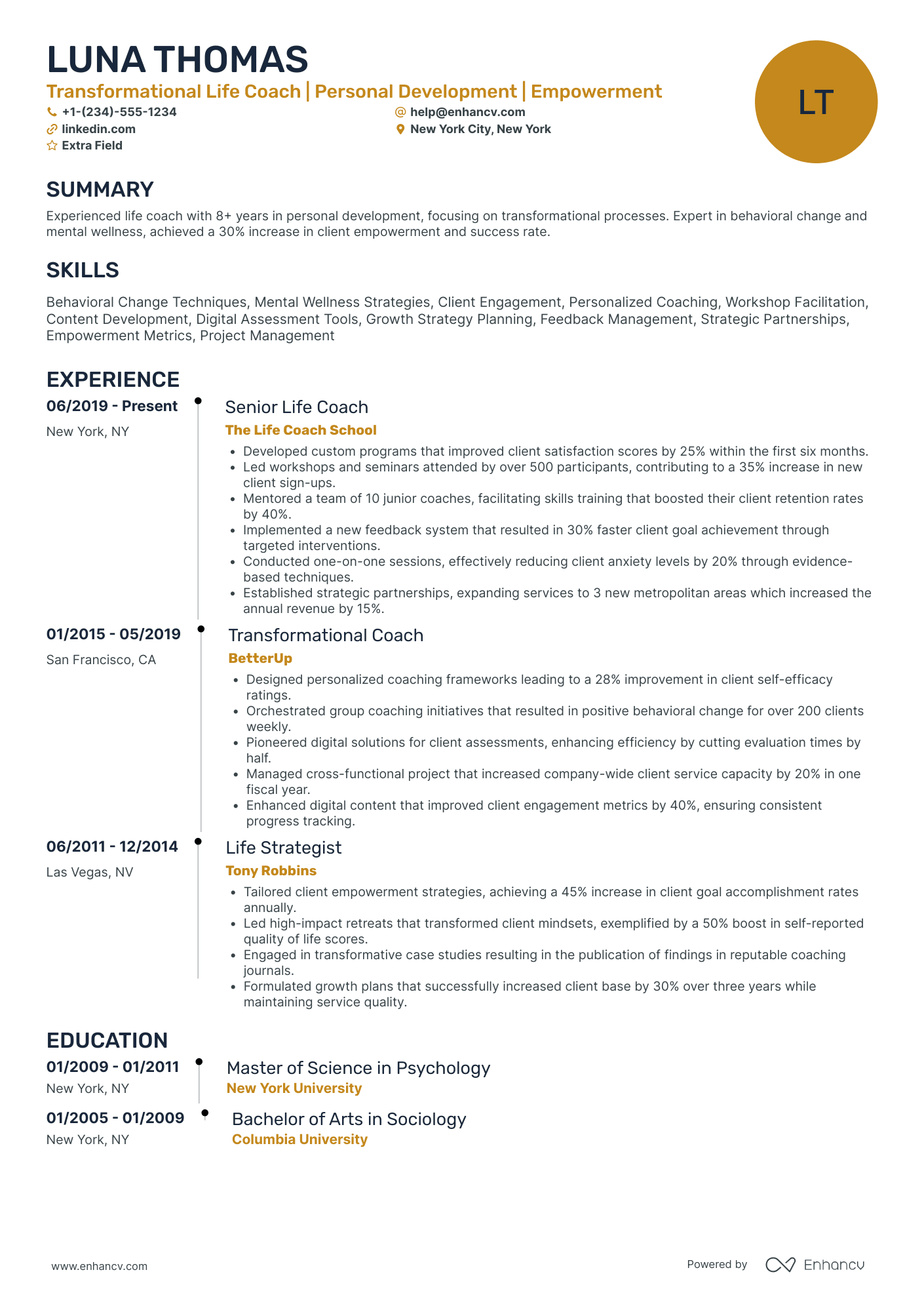 Transformational Life Coach Resume Example