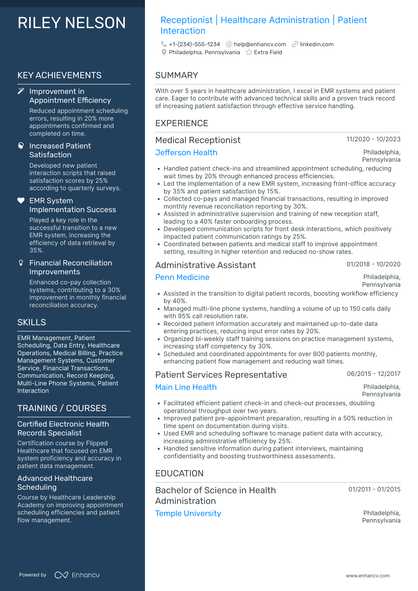 Medical Receptionist Manager Resume Example