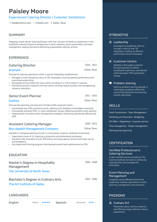 Catering Director Resume Example