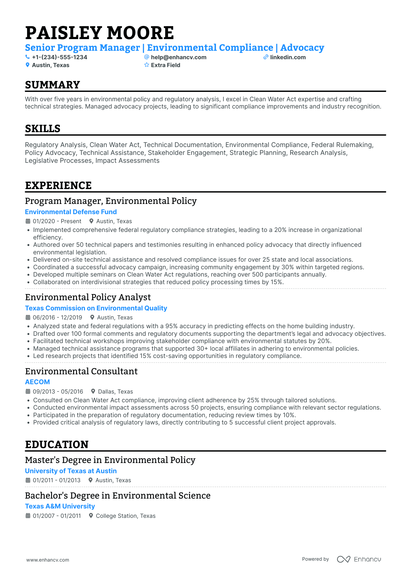 Environmental Policy Manager Resume Example