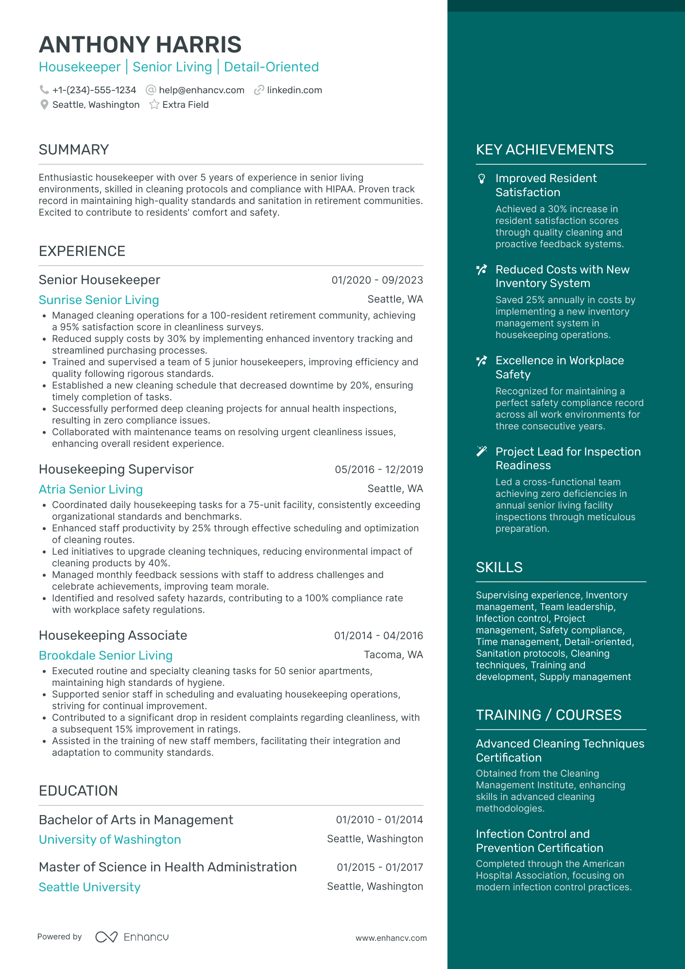 Corporate Housekeeper Resume Example