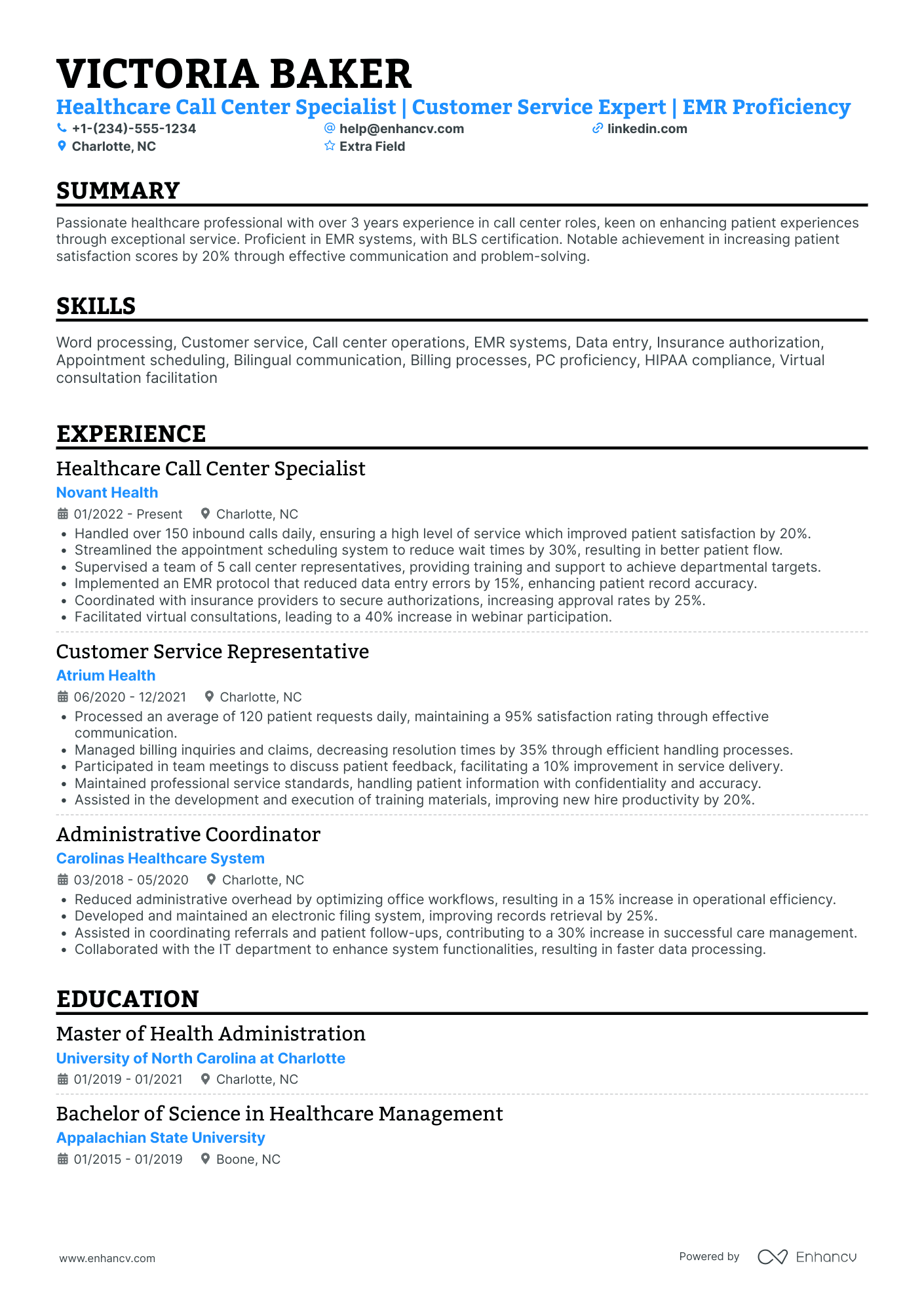 Healthcare Call Center Representative Resume Example