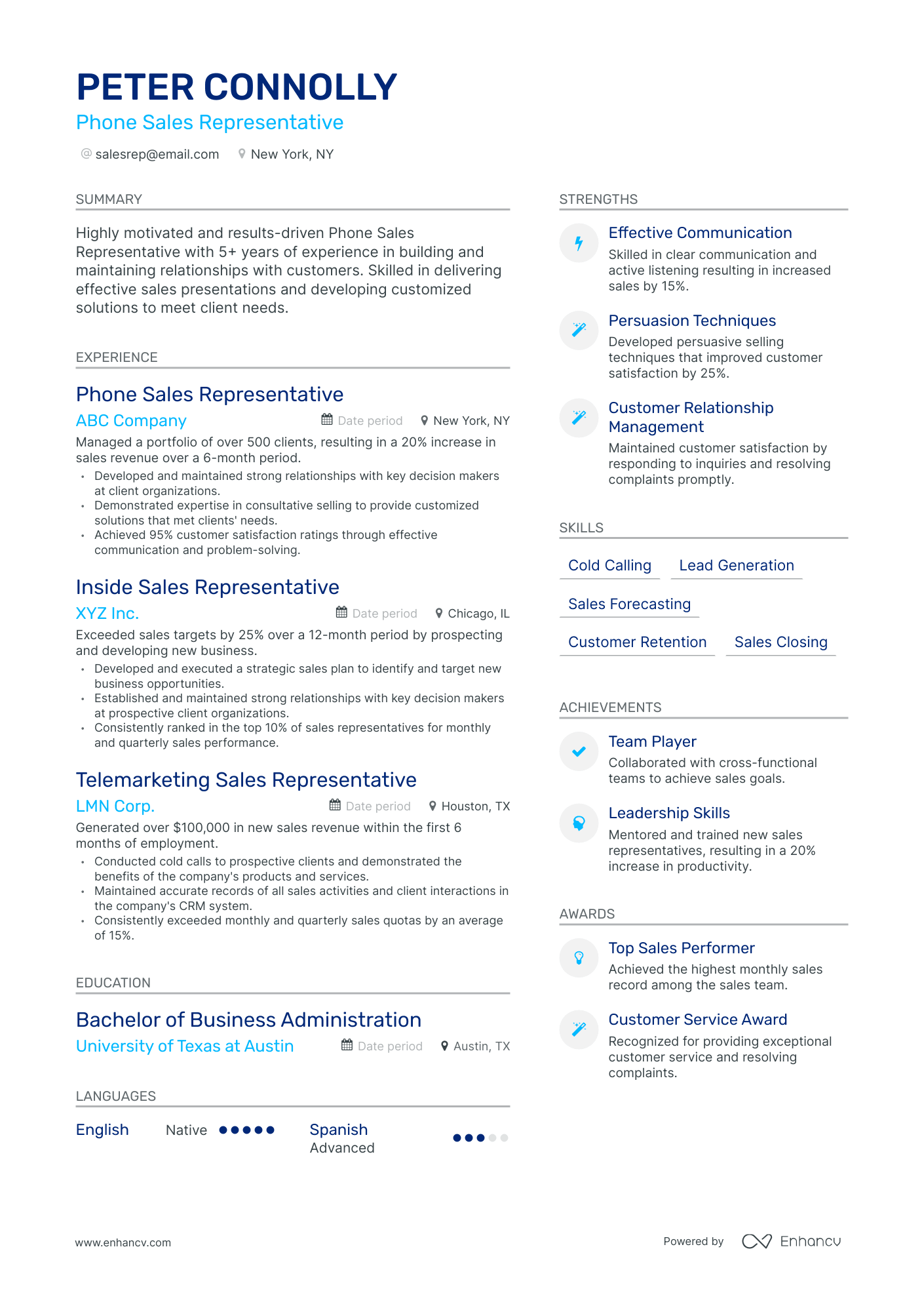 Phone Sales Resume Example