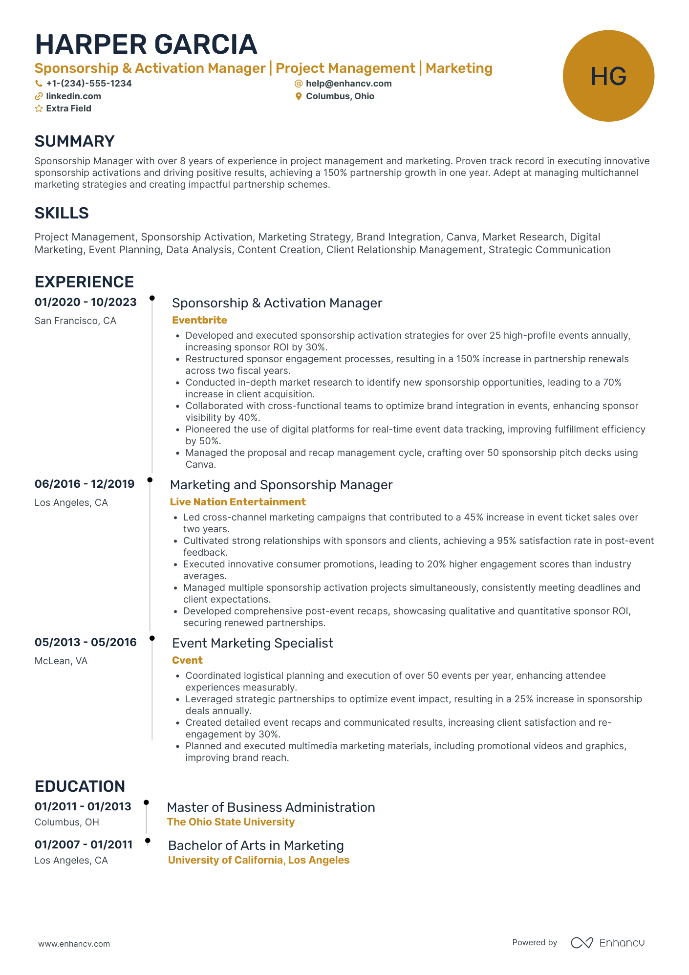 Athlete Sponsorship Manager Resume Example