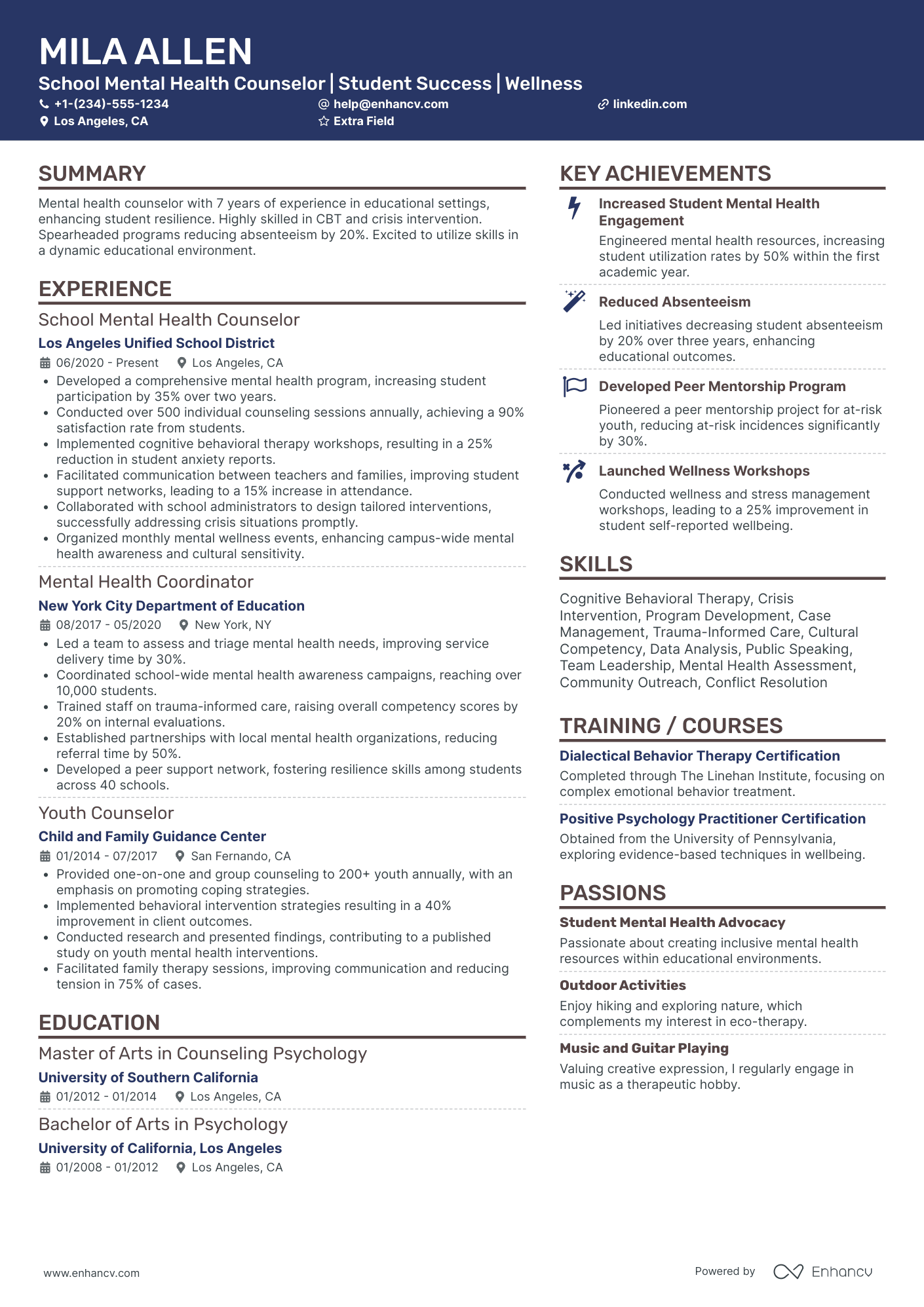 School Mental Health Counselor Resume Example