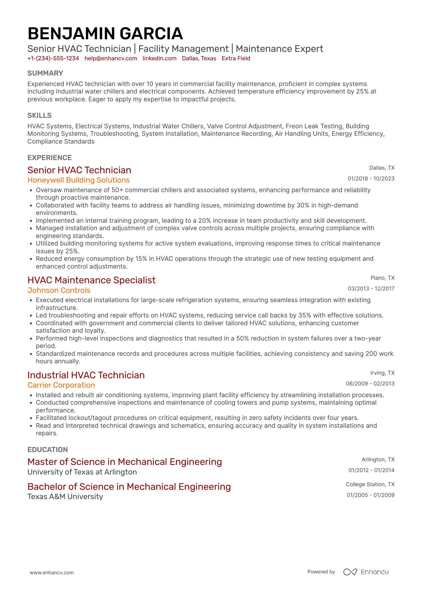 Senior HVAC Technician Resume Example