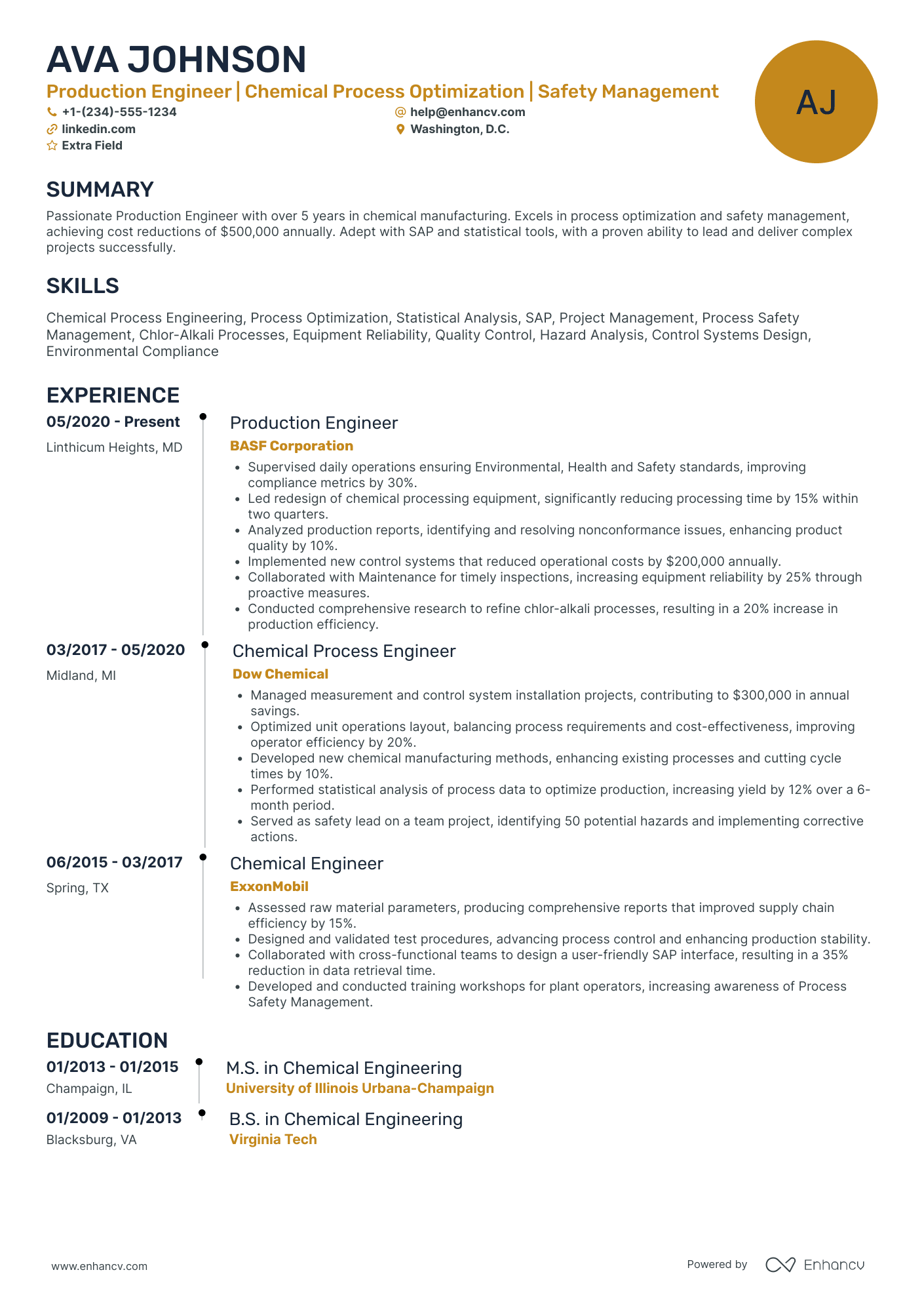 Chemical Production Engineer Resume Example