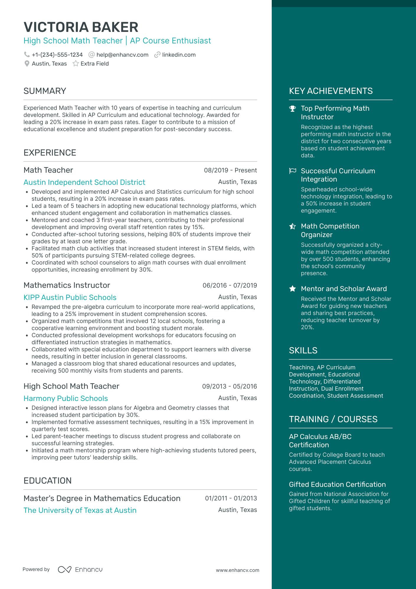 High School Math Teacher Resume Example