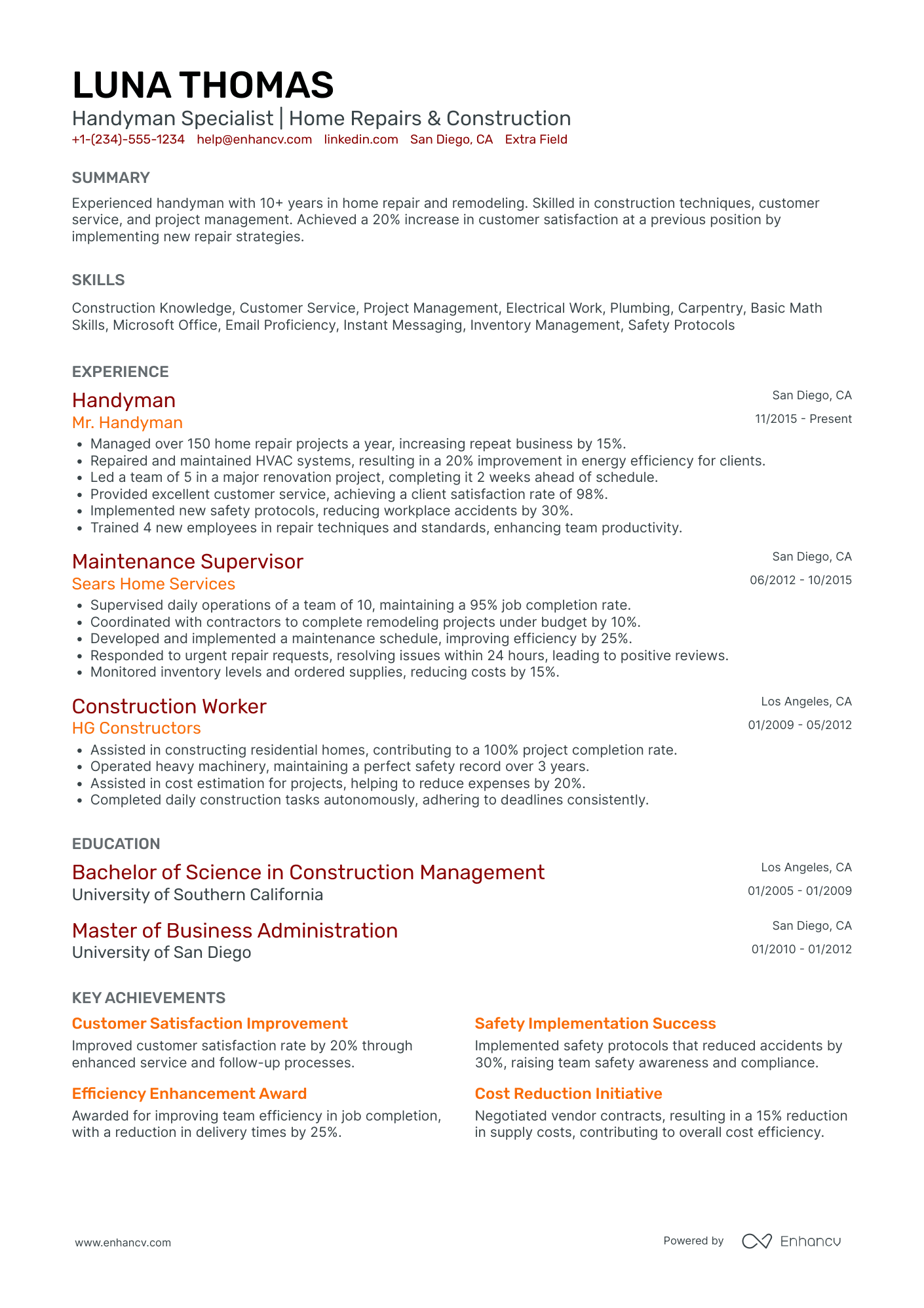 Handyman Specialist Resume Example