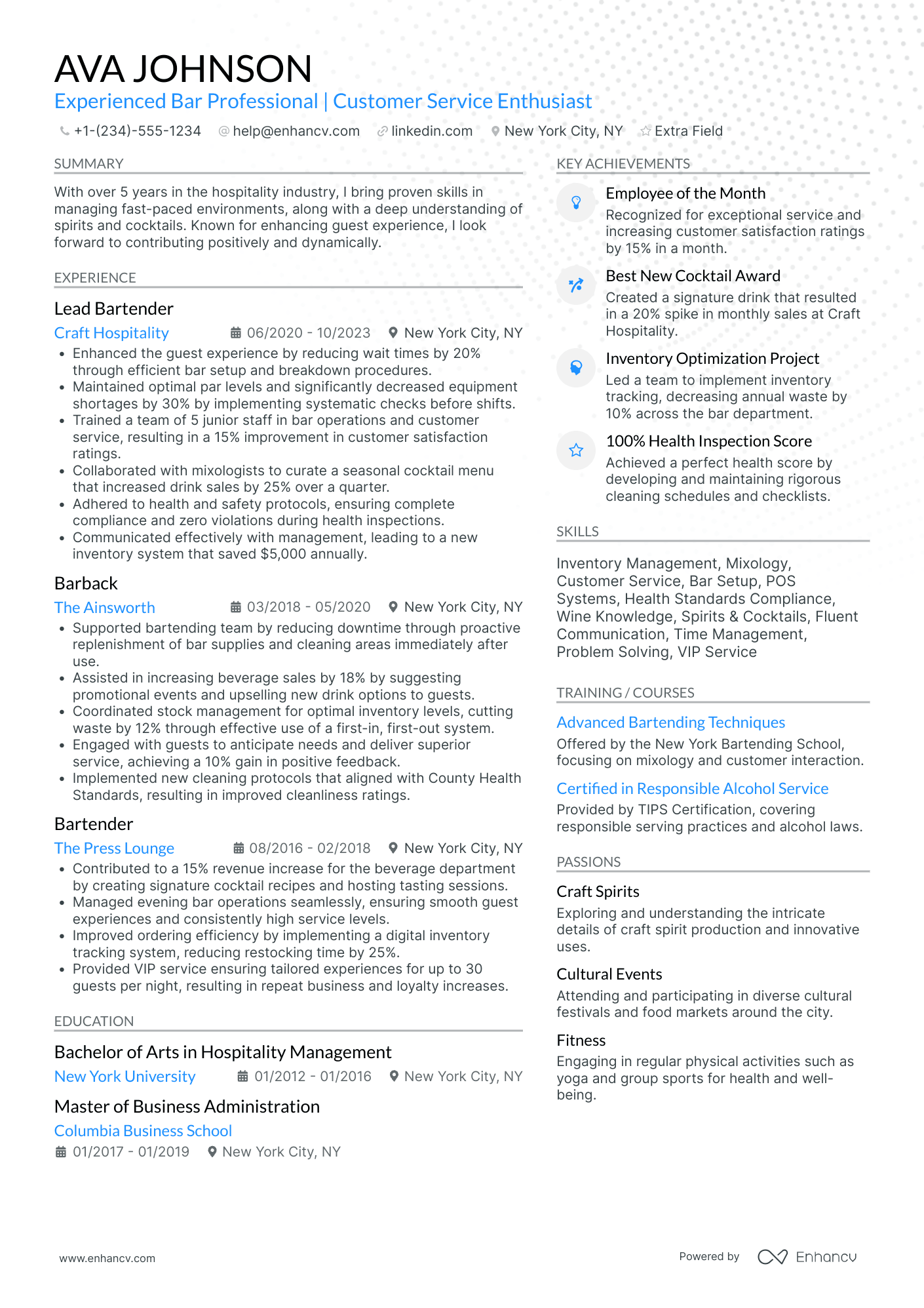 Day Shift Barback Resume Example