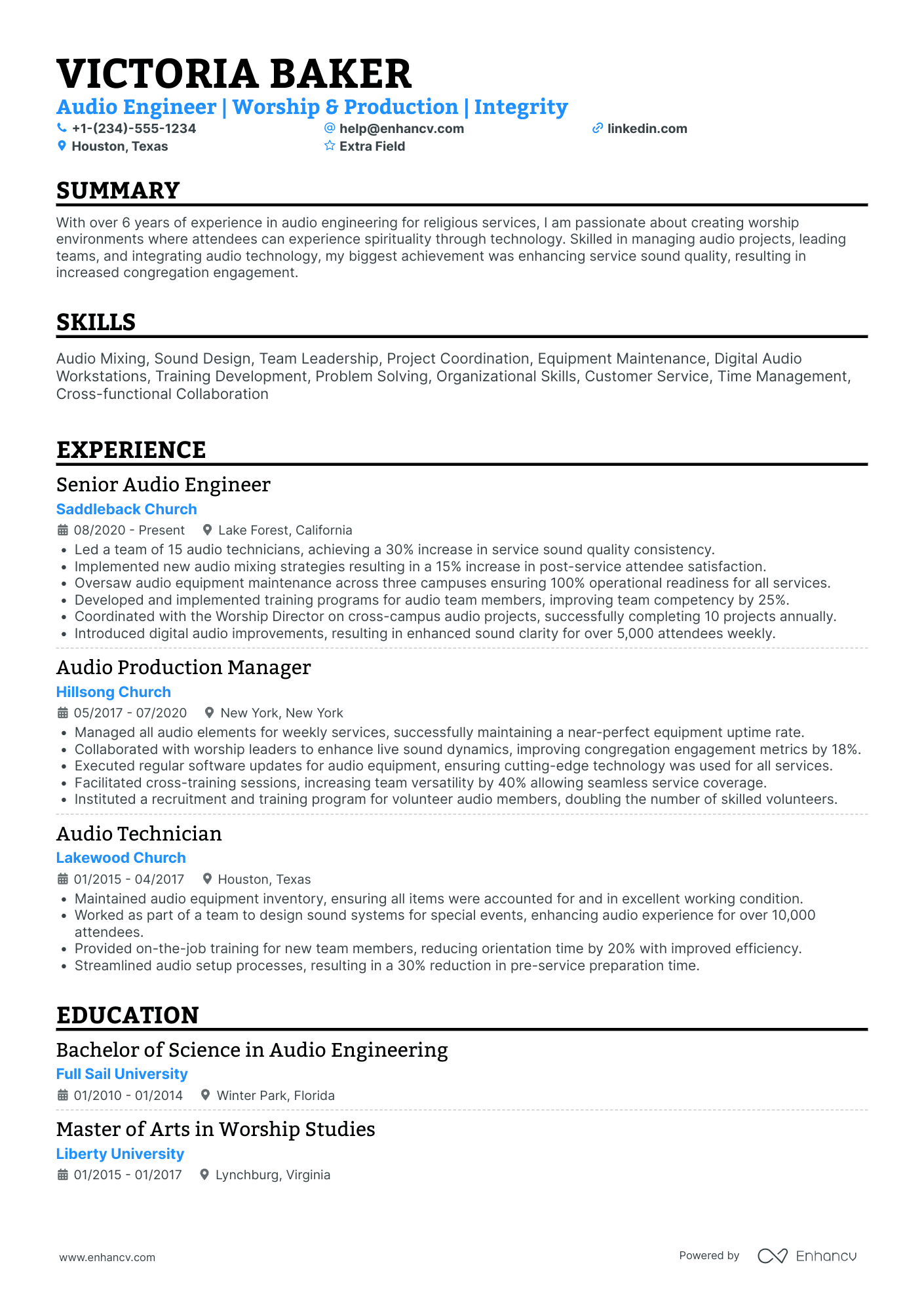 Chief Audio Engineer Resume Example