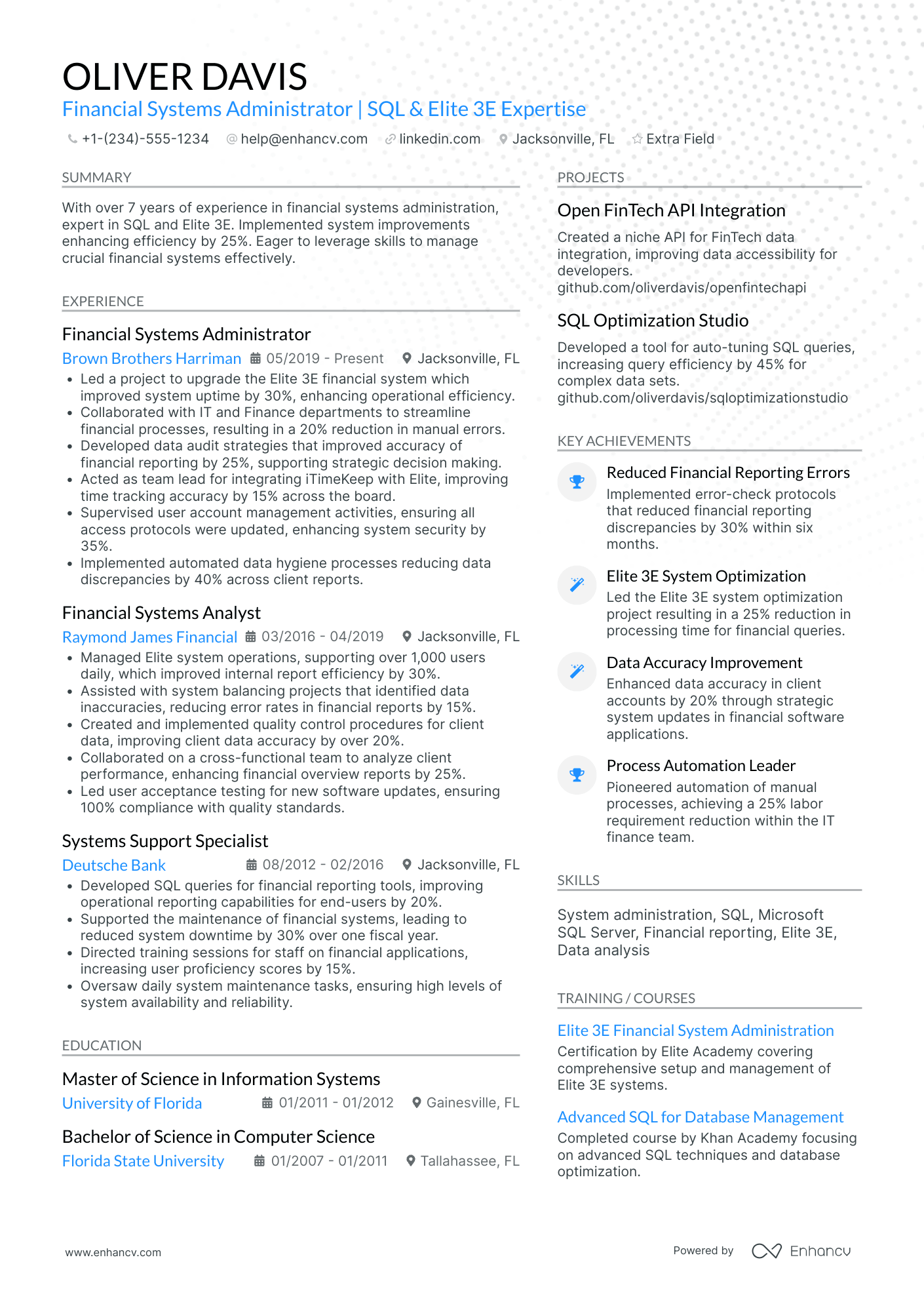 Financial System Administrator Resume Example