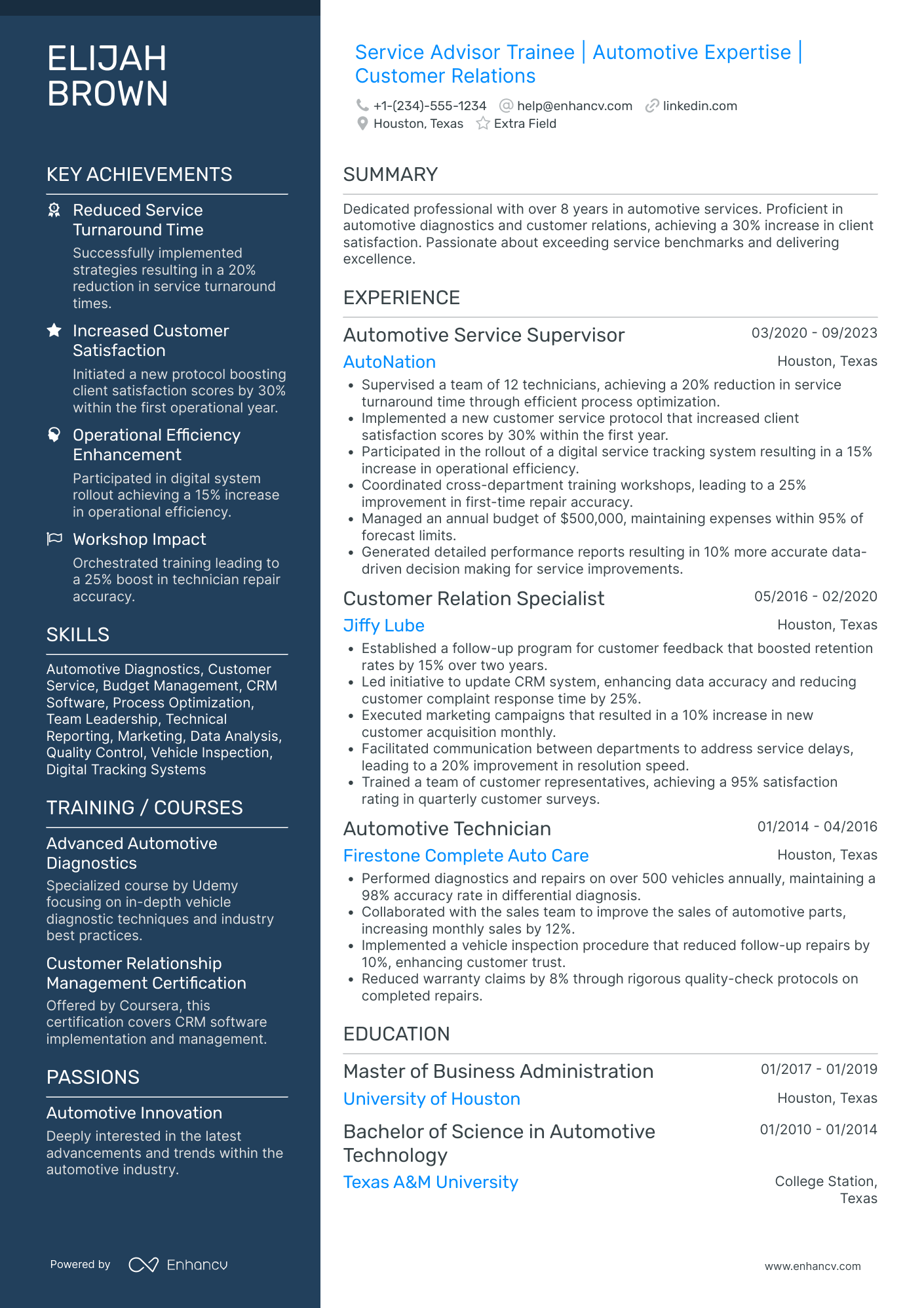 Service Advisor Trainee Resume Example