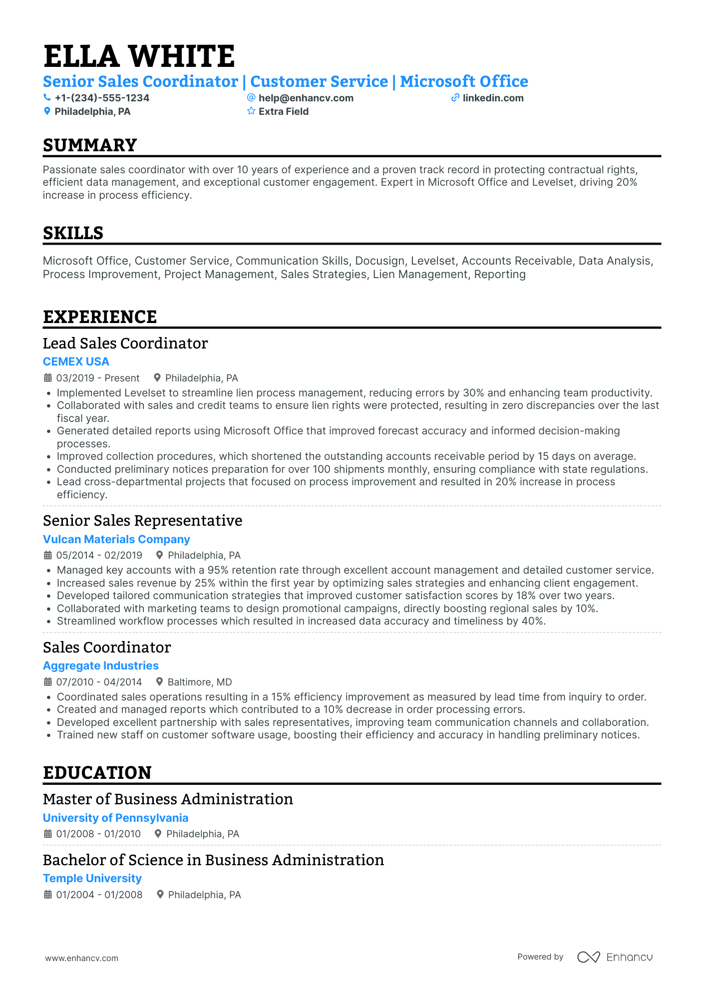 Senior Sales Coordinator Resume Example