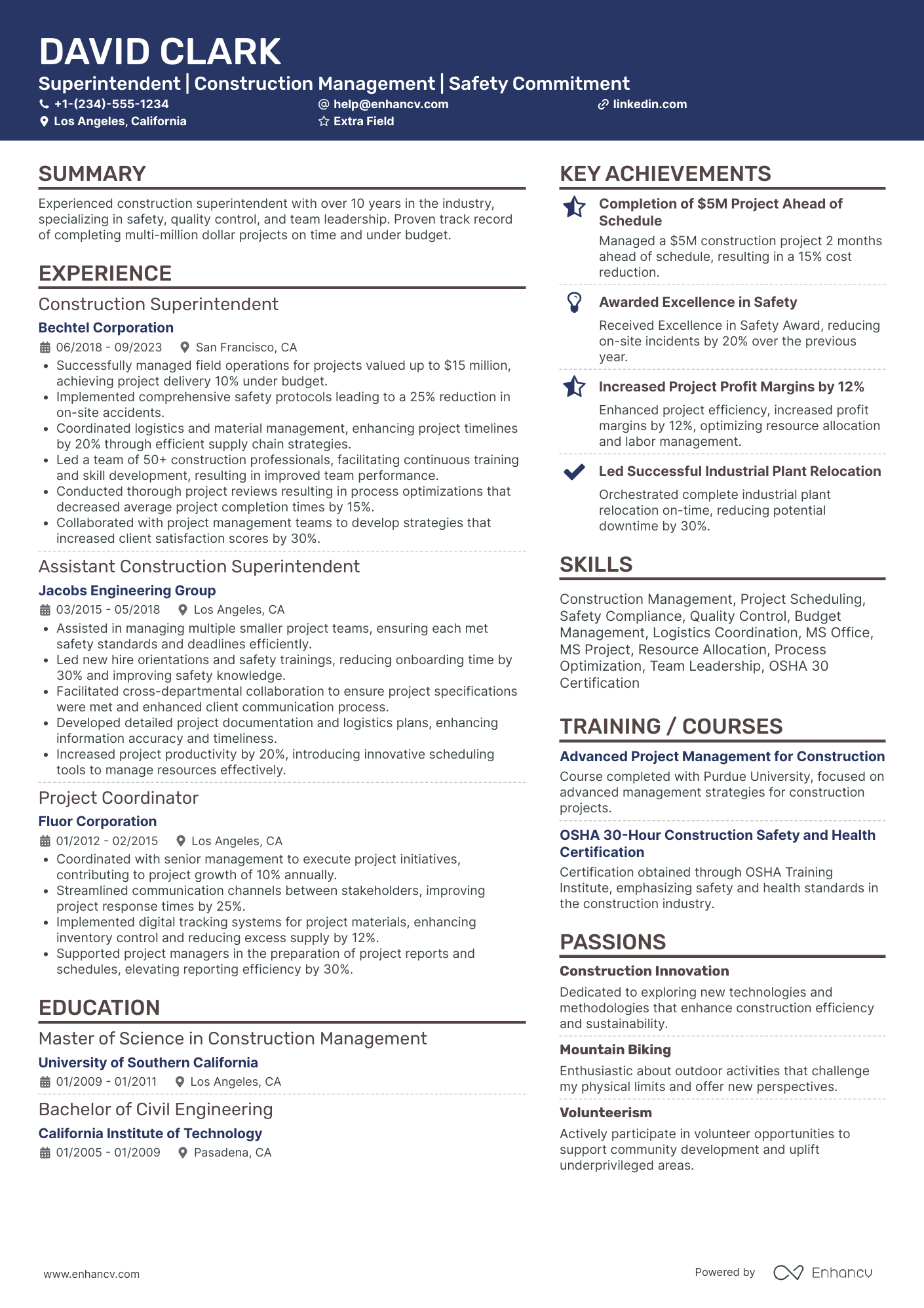 Mechanical Construction Superintendent Resume Example