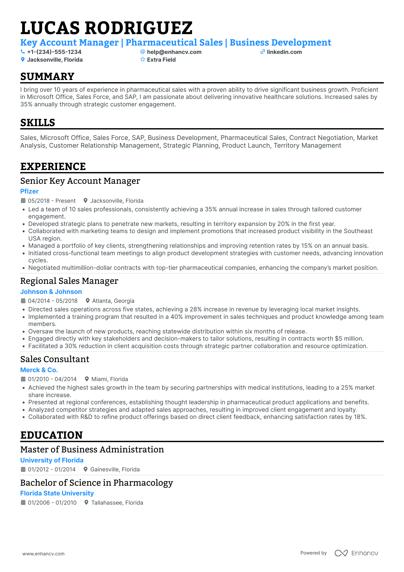 Pharmaceutical Sales Manager Resume Example