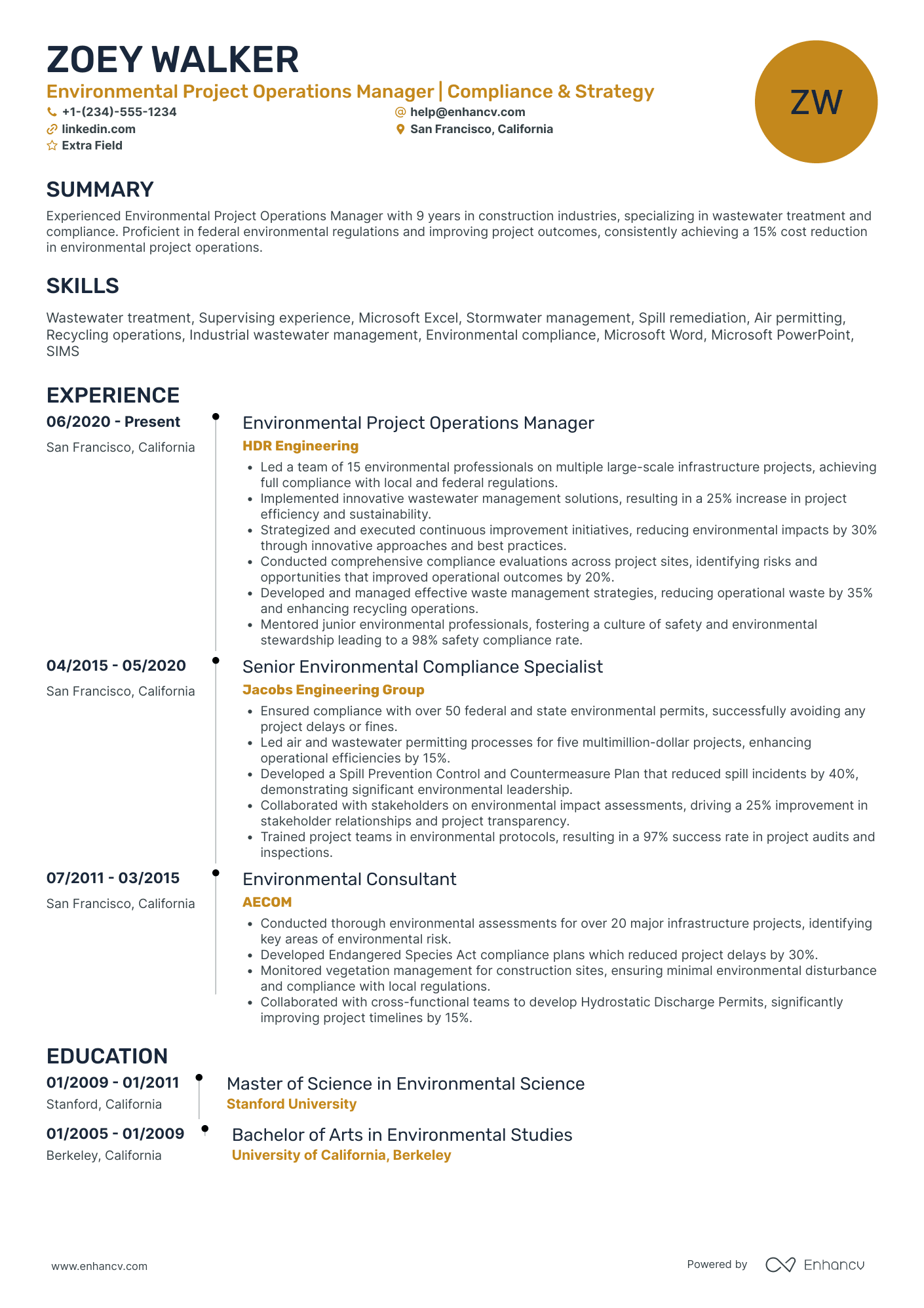 Environmental Operations Manager Resume Example