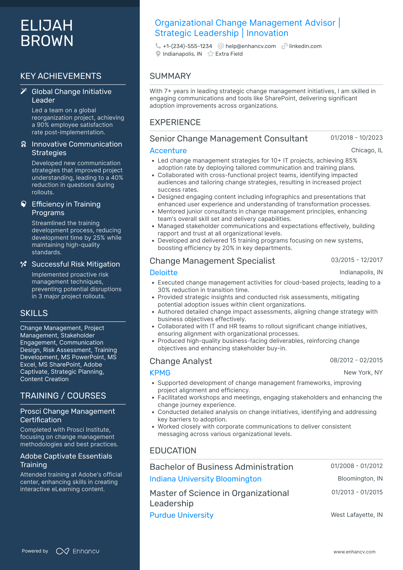 Change Management Advisor Resume Example