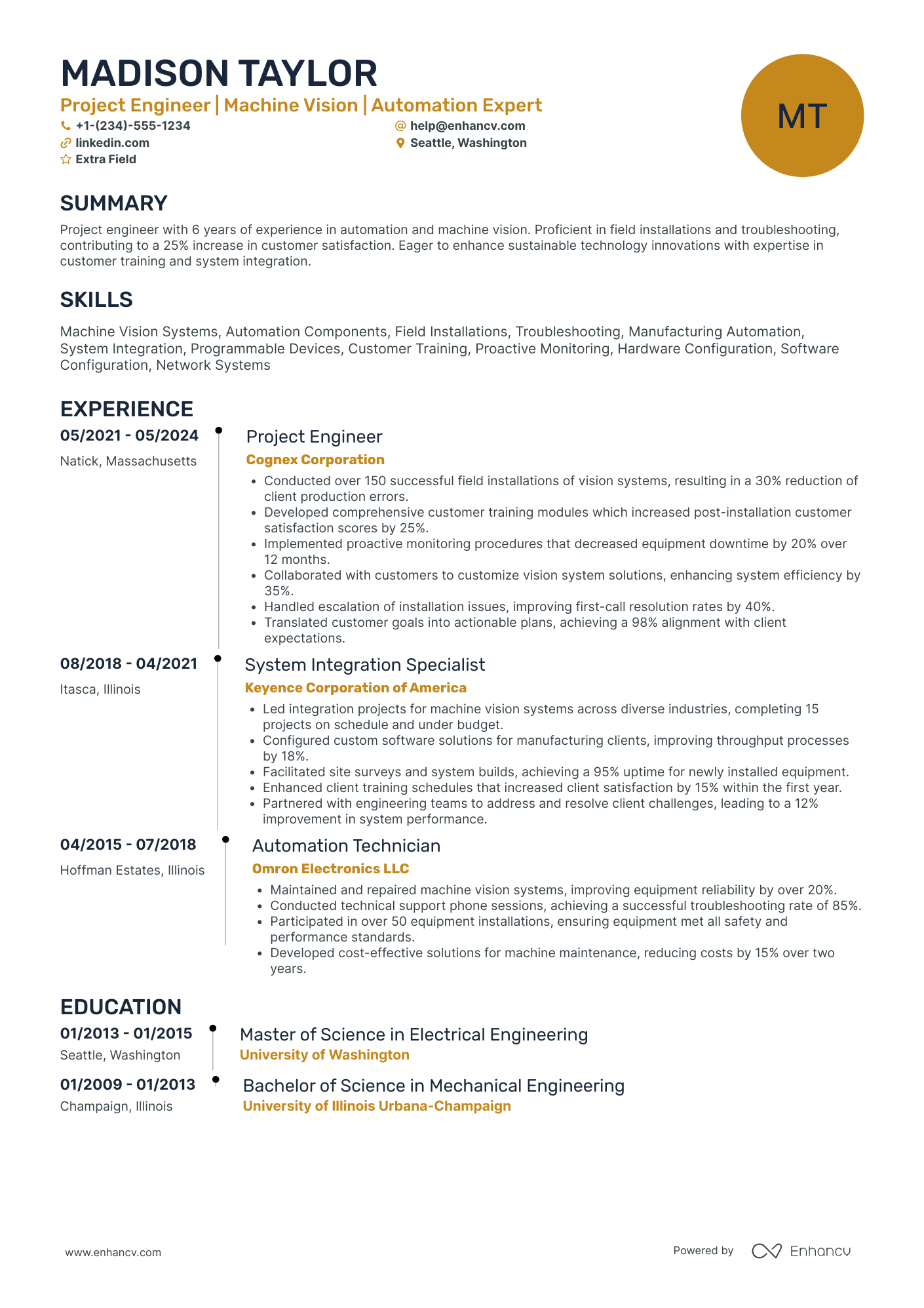 Industrial Project Engineer Resume Example