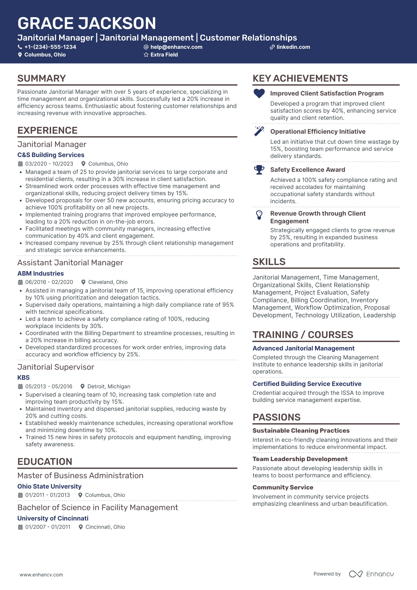 Janitorial Services Manager Resume Example