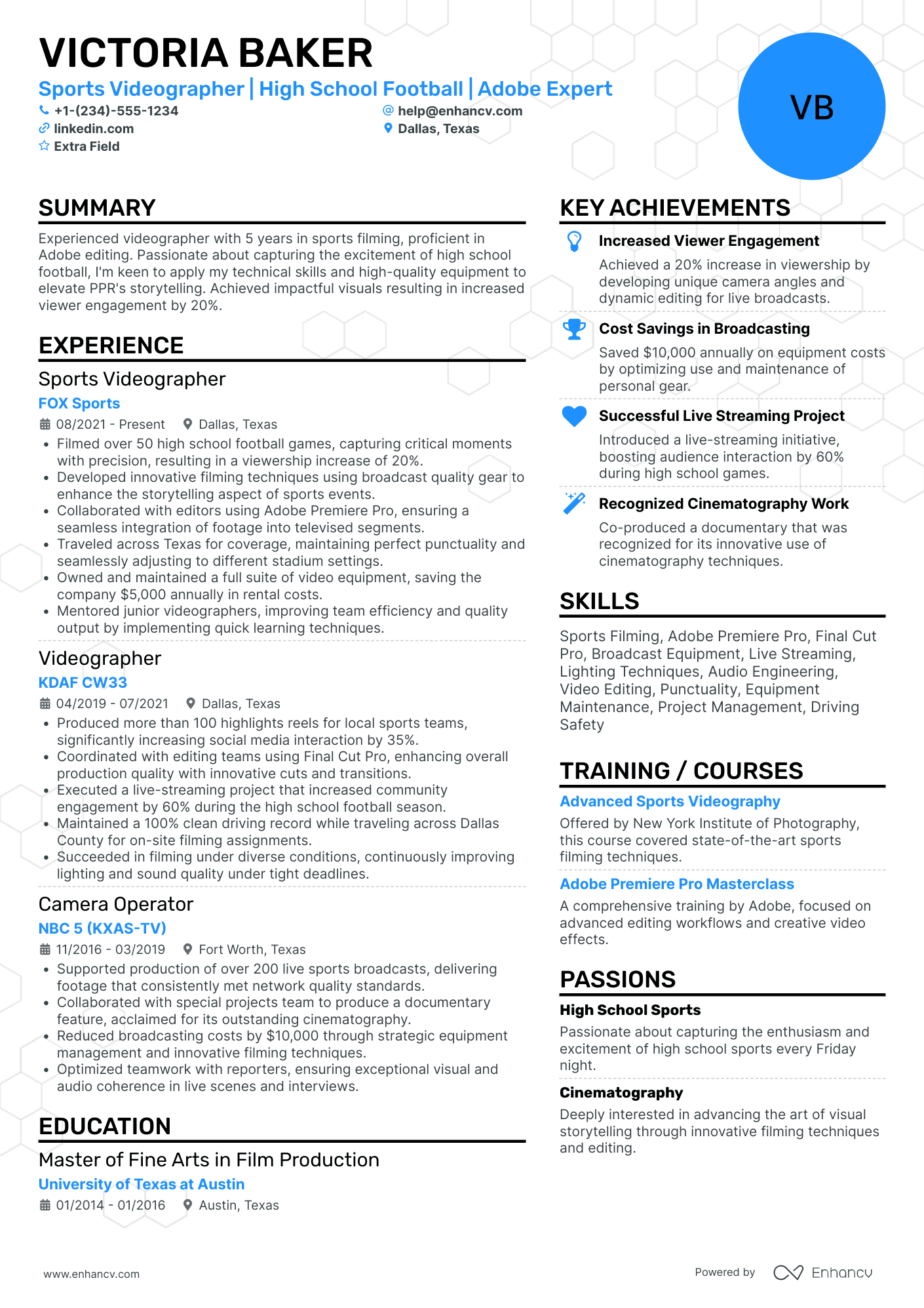 Sports Videographer Resume Example