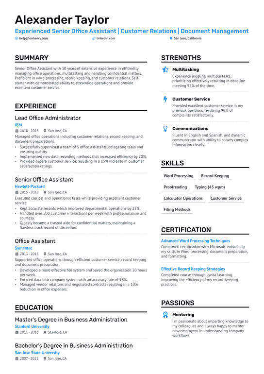 Senior Office Assistant Resume Example