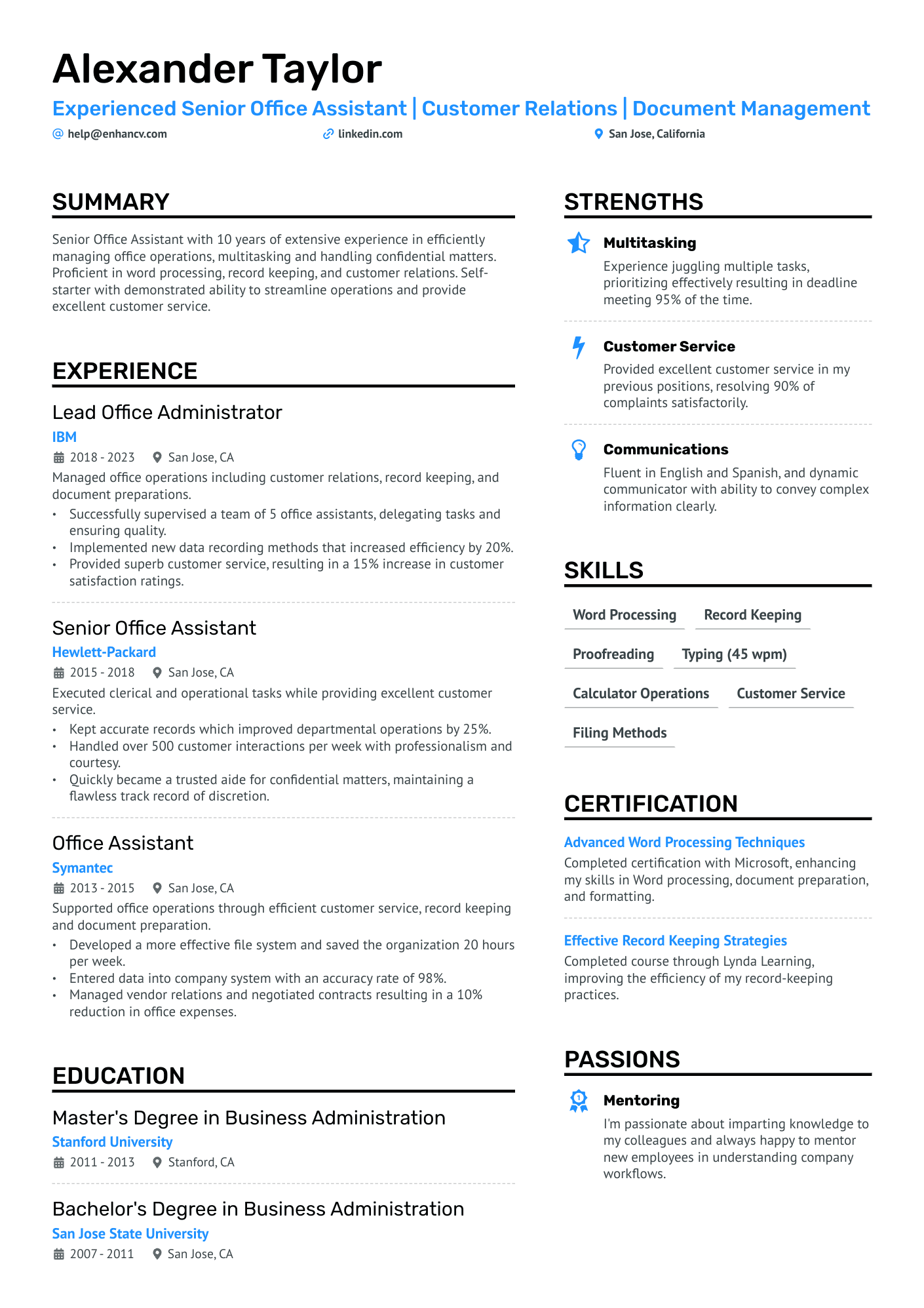 Senior Office Assistant Resume Example