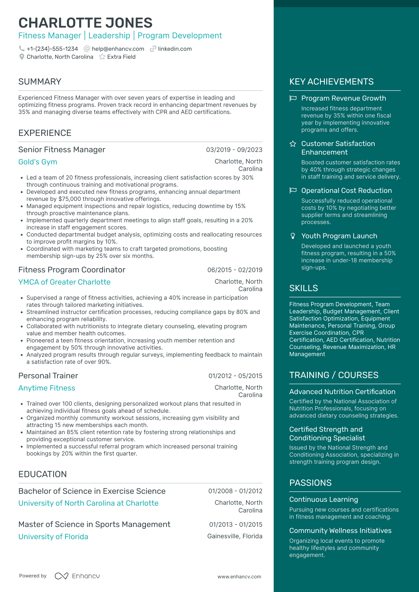 Fitness Club Manager Resume Example