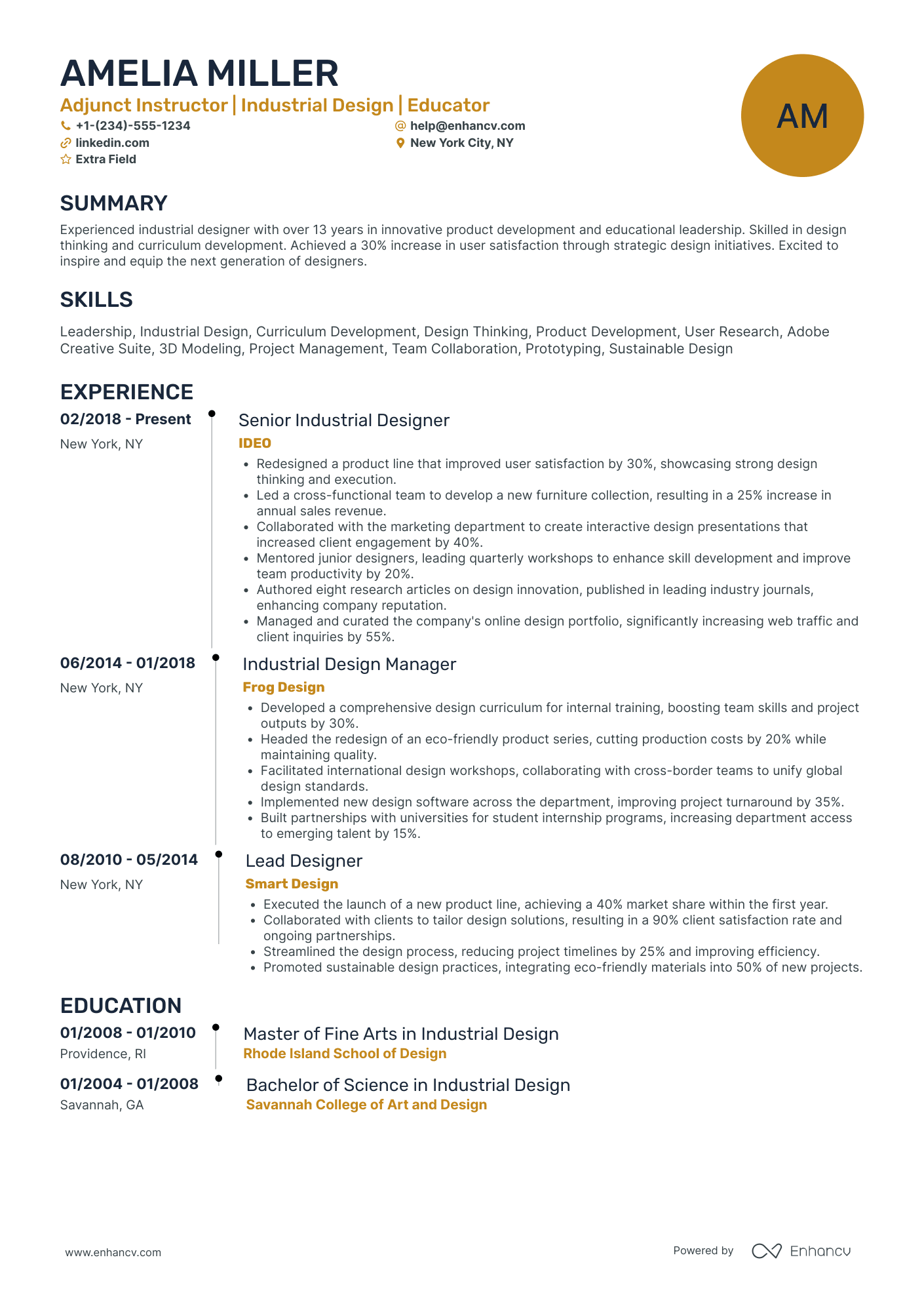 Industrial Design Instructor Resume Example