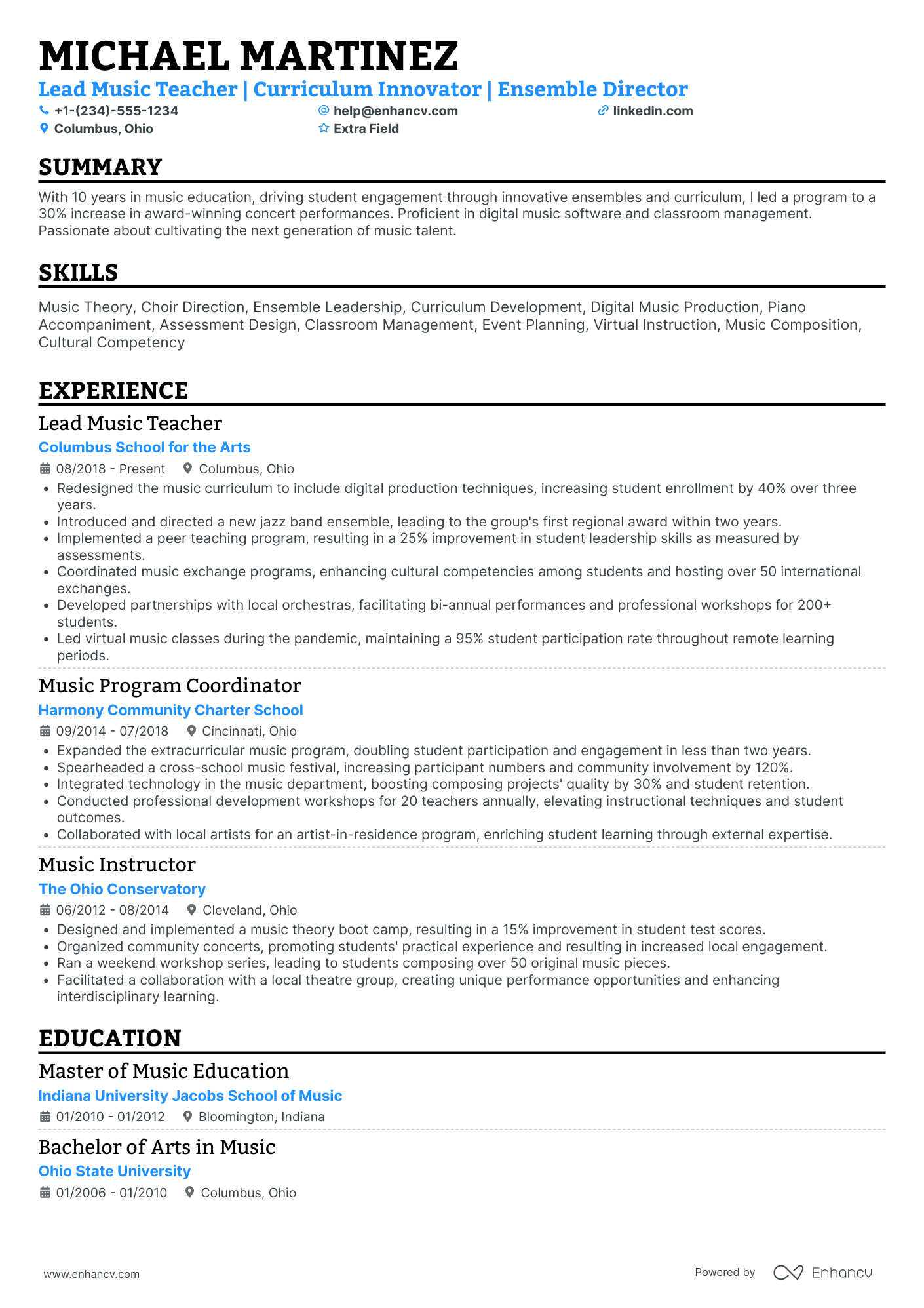 Lead Music Teacher Resume Example