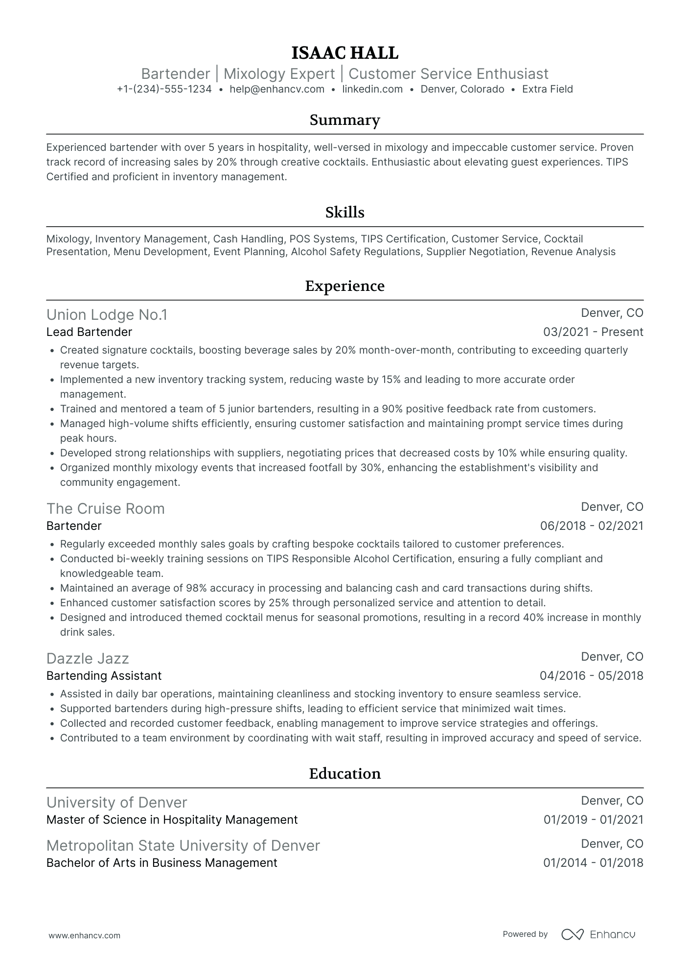 Mobile Bartender Resume Example