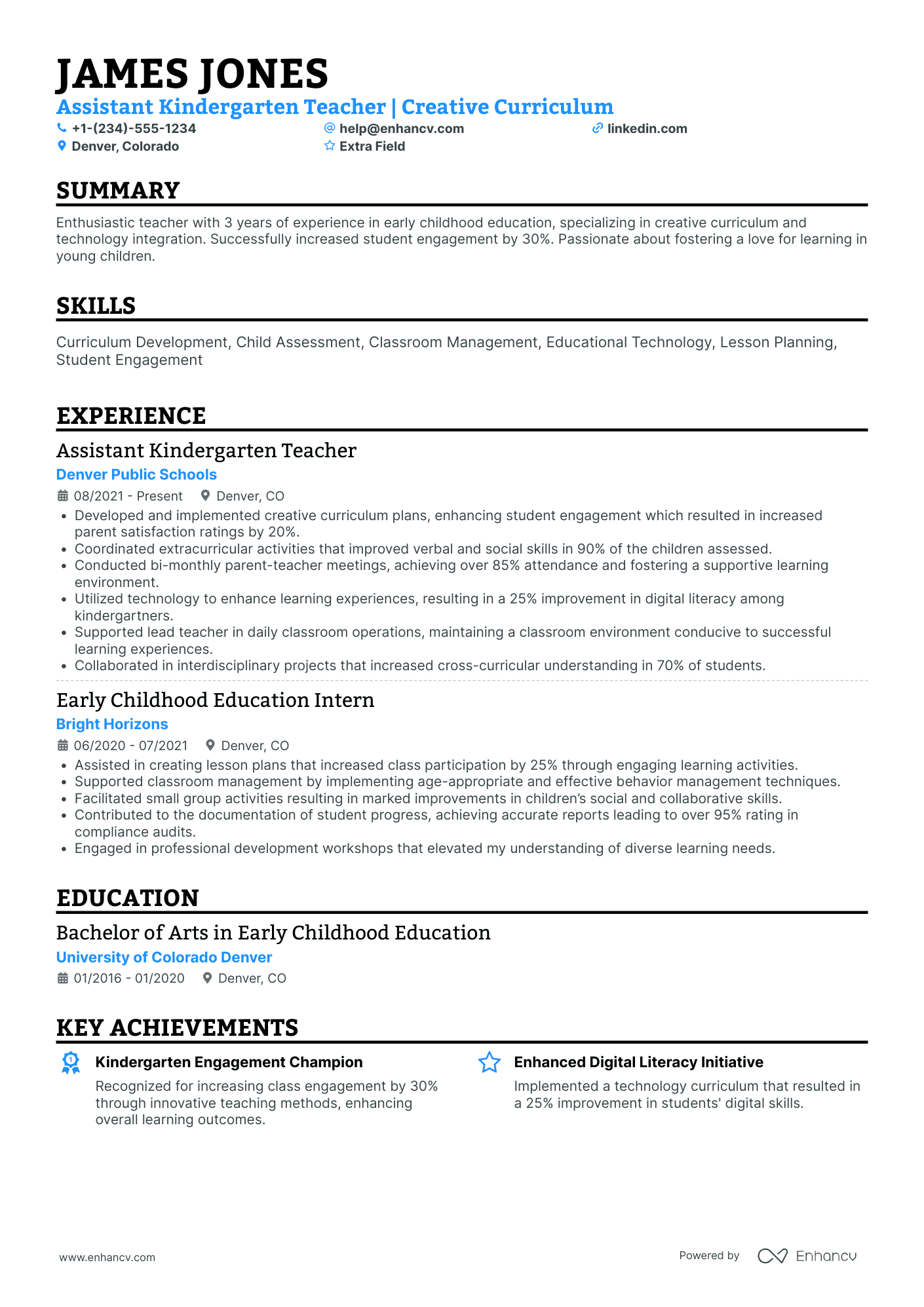 Assistant Kindergarten Teacher Resume Example