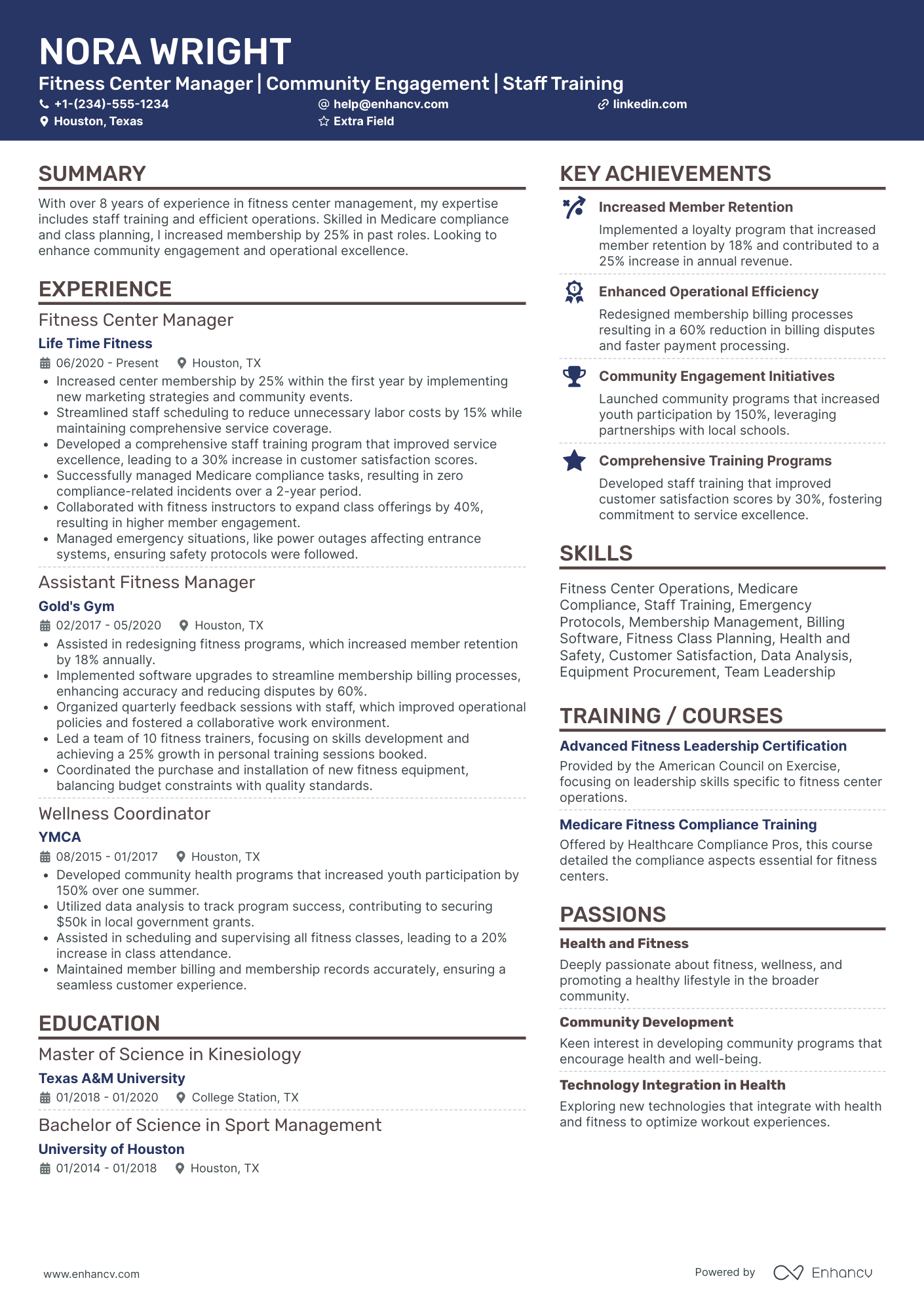 Fitness Centre Manager Resume Example