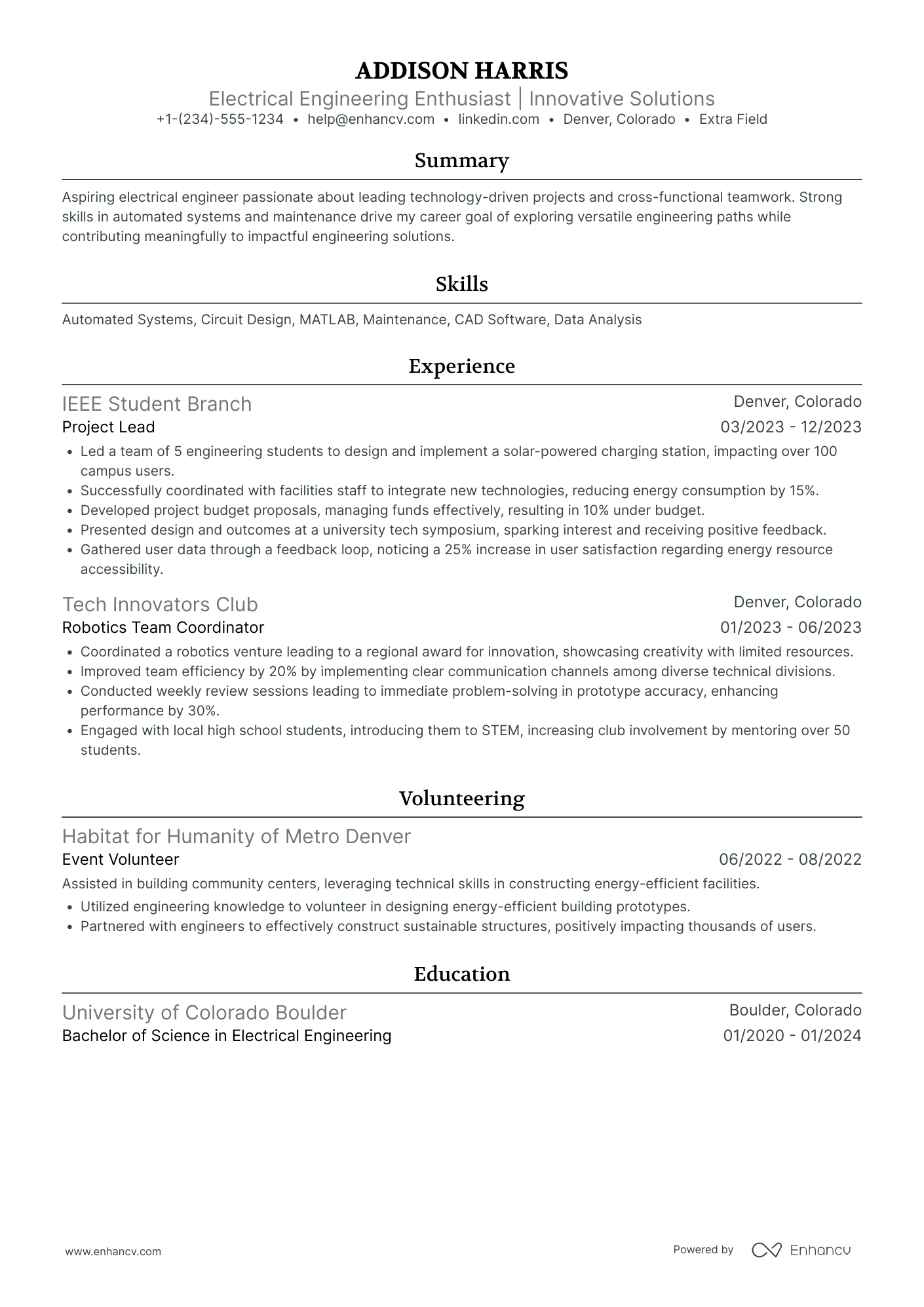 Electrical Engineering Intern Resume Example