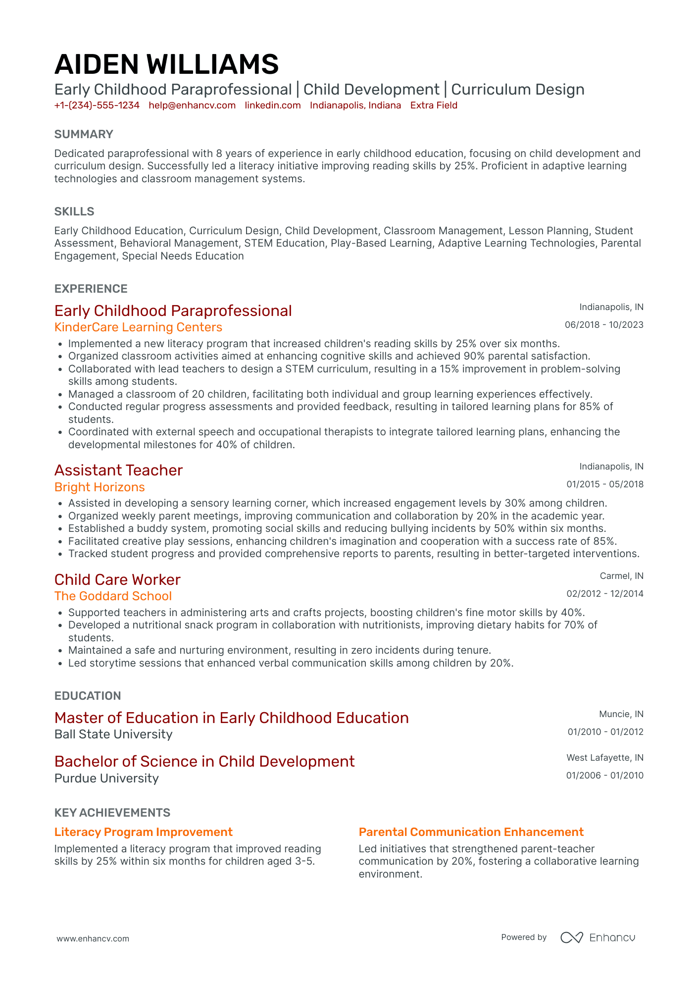 Early Childhood Paraprofessional Resume Example