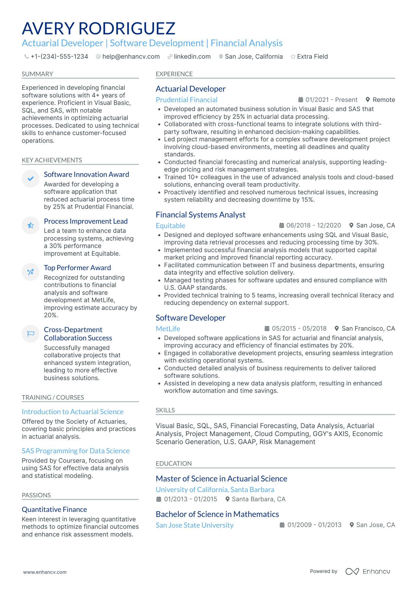 Actuarial Product Developer Resume Example