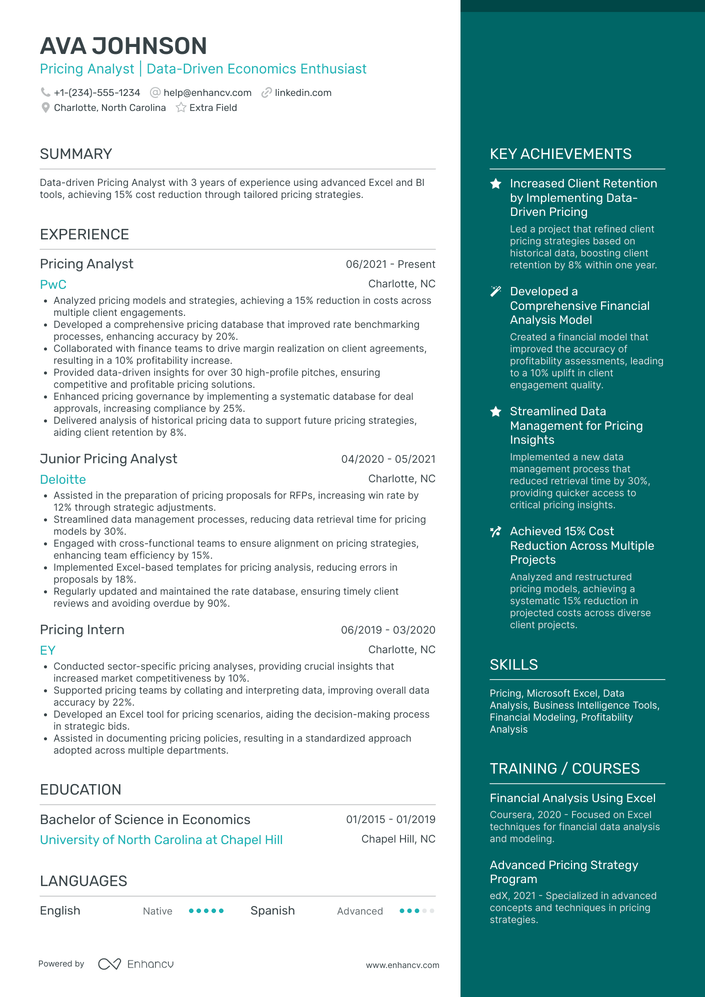 Junior Pricing Analyst Resume Example