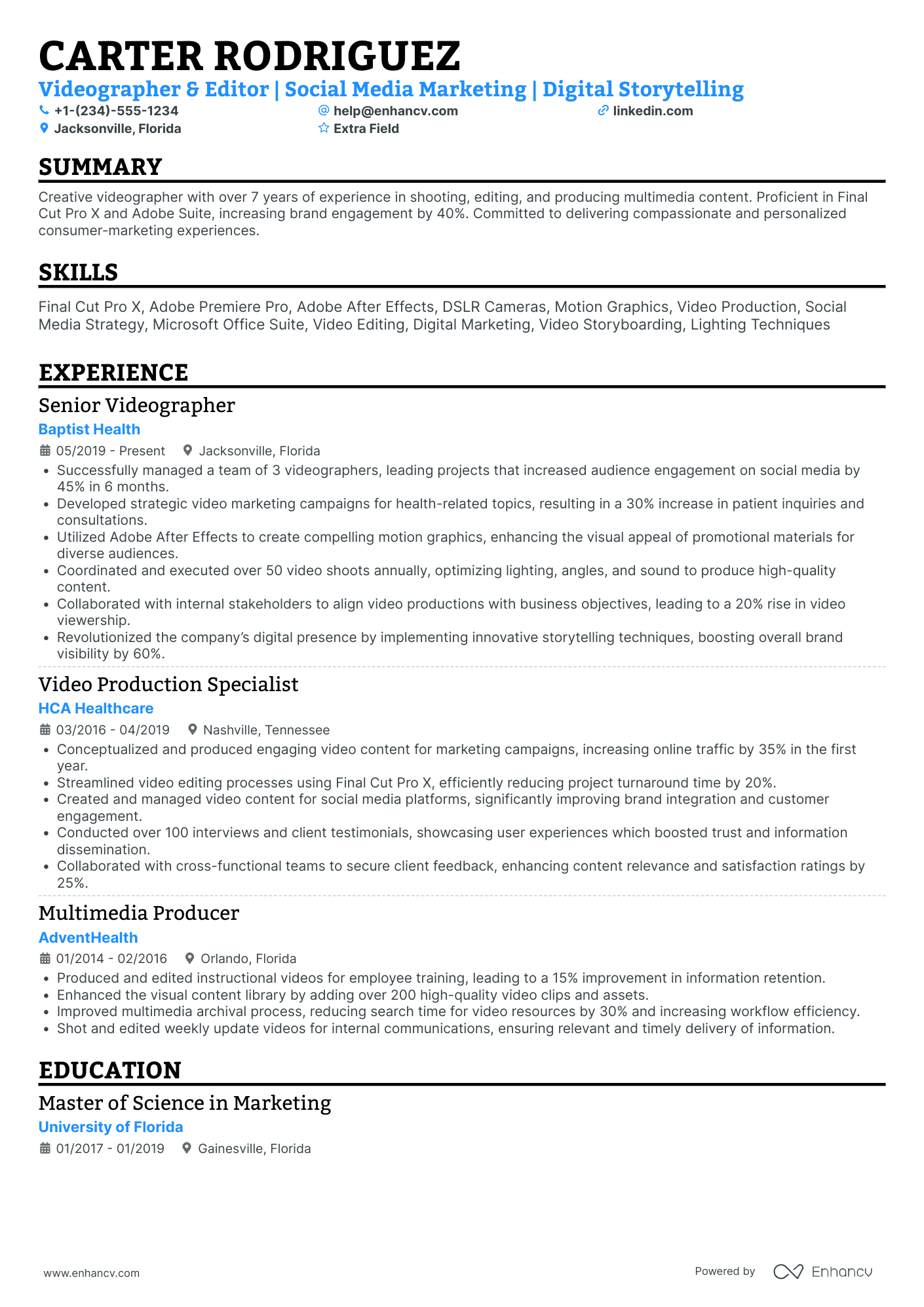 Marketing Videographer Resume Example