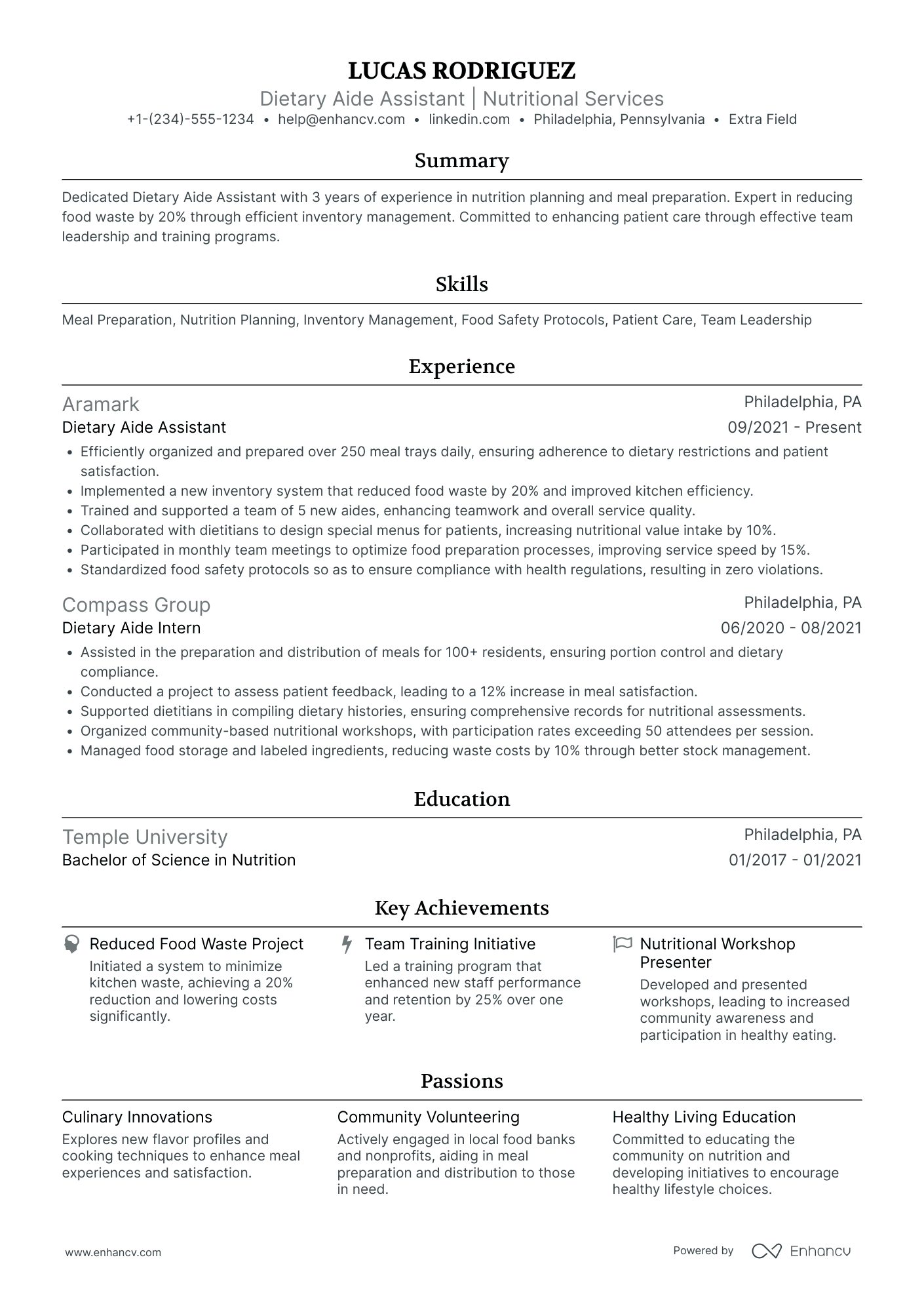 Dietary Aide Assistant Resume Example